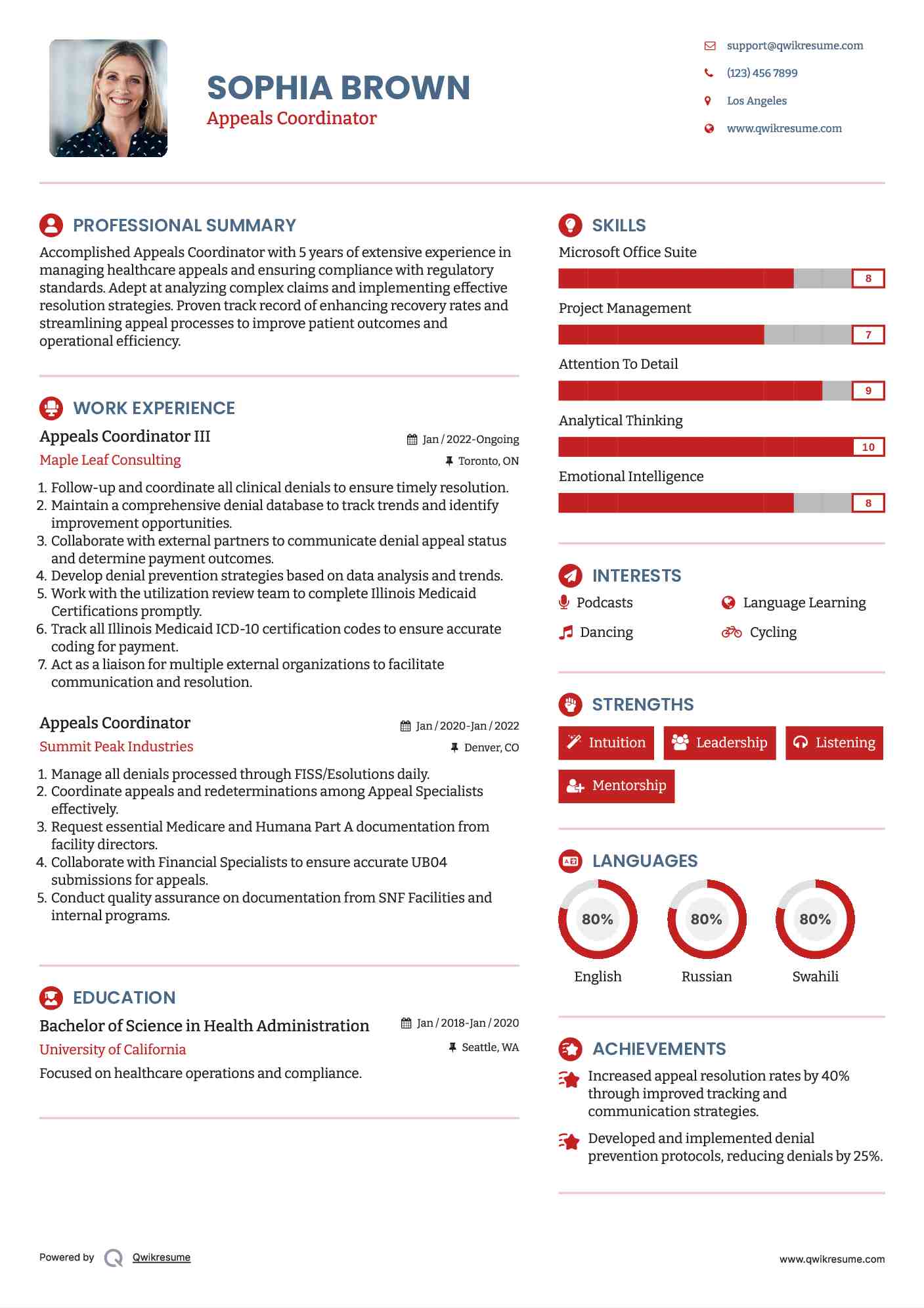 Appeals Coordinator III Resume Sample