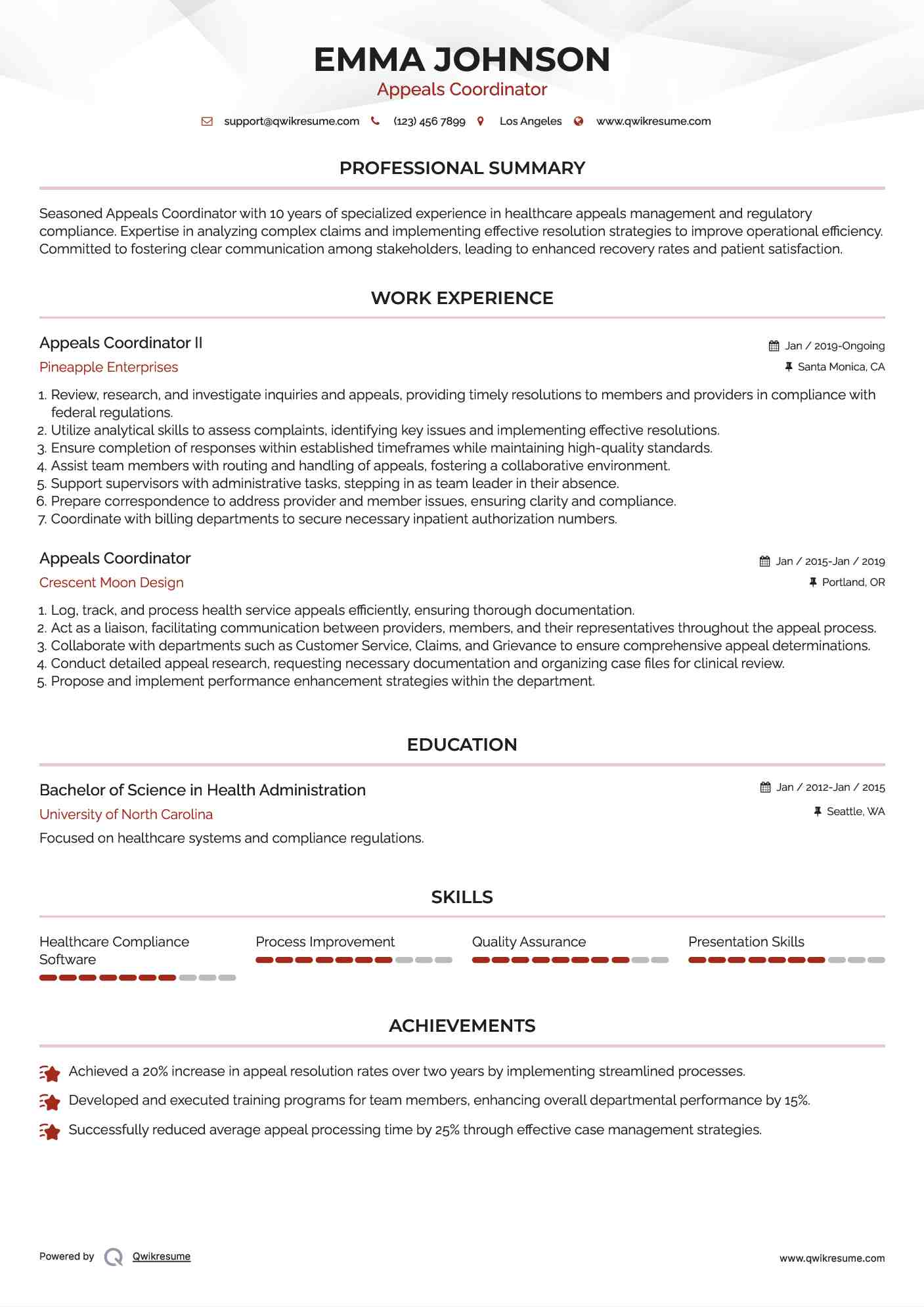 Appeals Coordinator II Resume Format