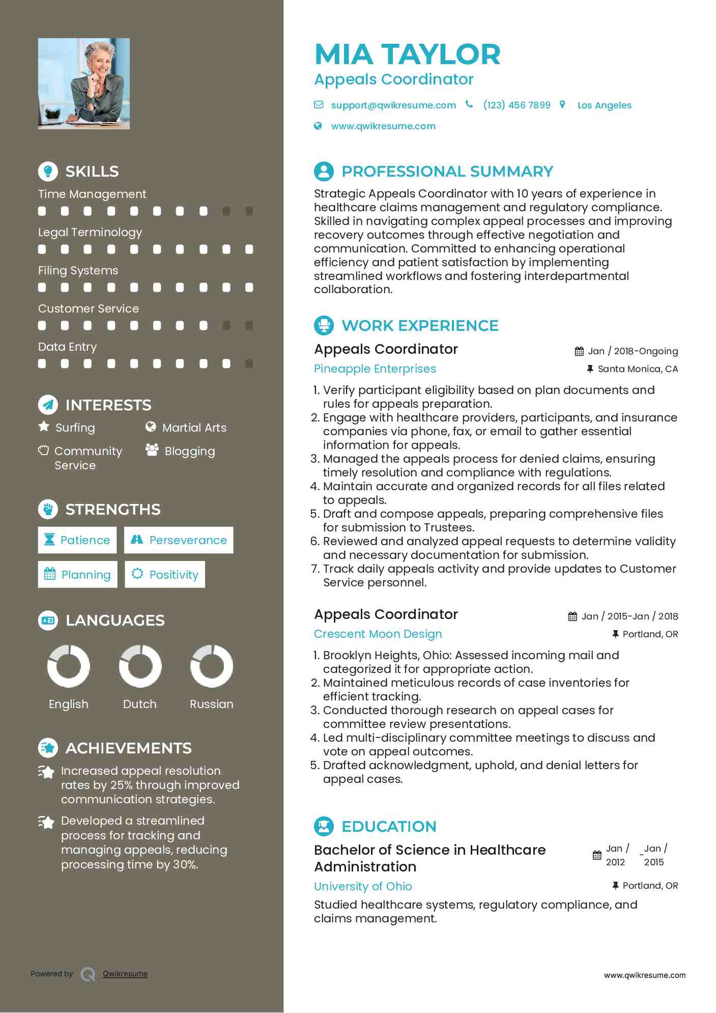 Appeals Coordinator Resume Model