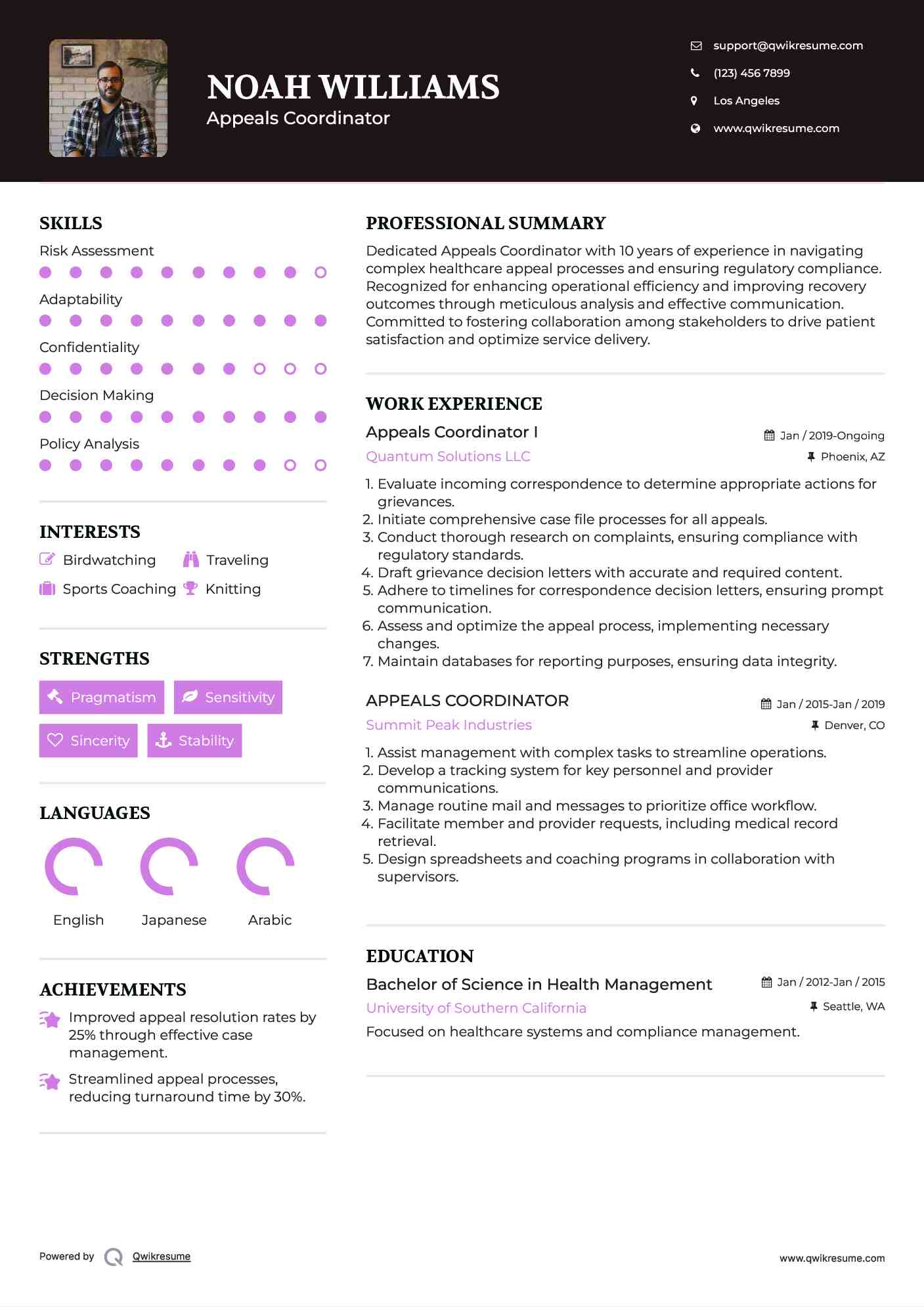 Appeals Coordinator I Resume Sample