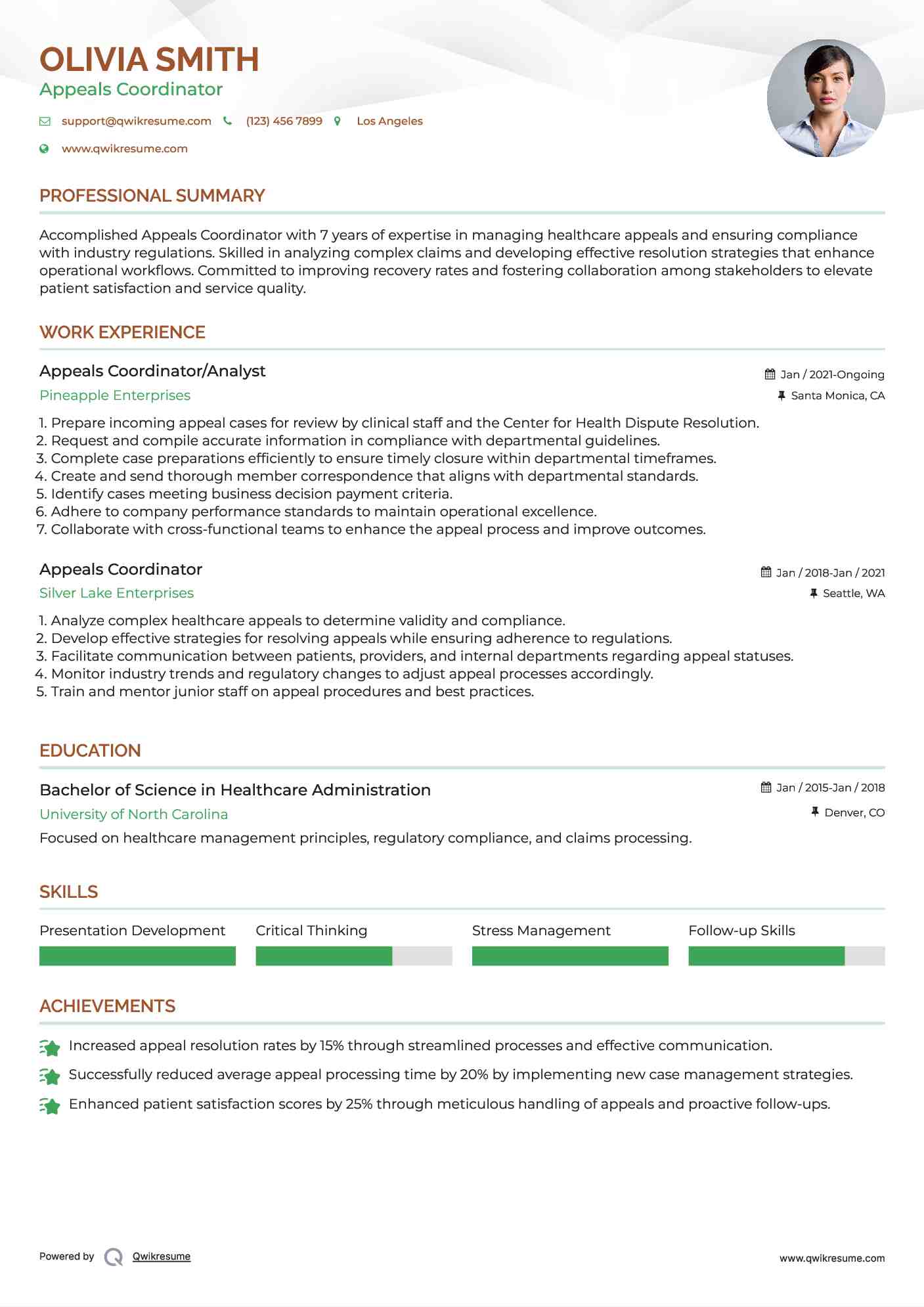 Appeals Coordinator/Analyst Resume Sample