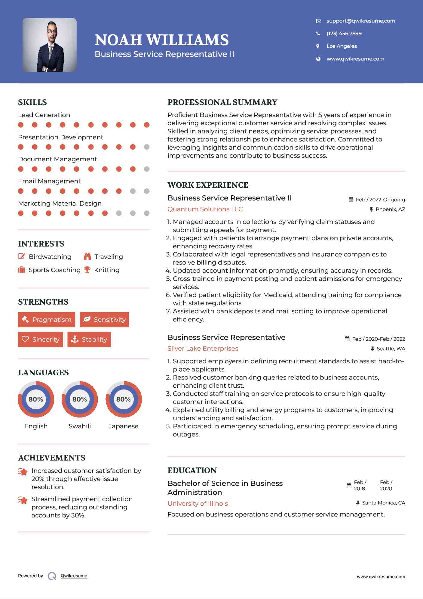 Business Service Representative II Resume Format