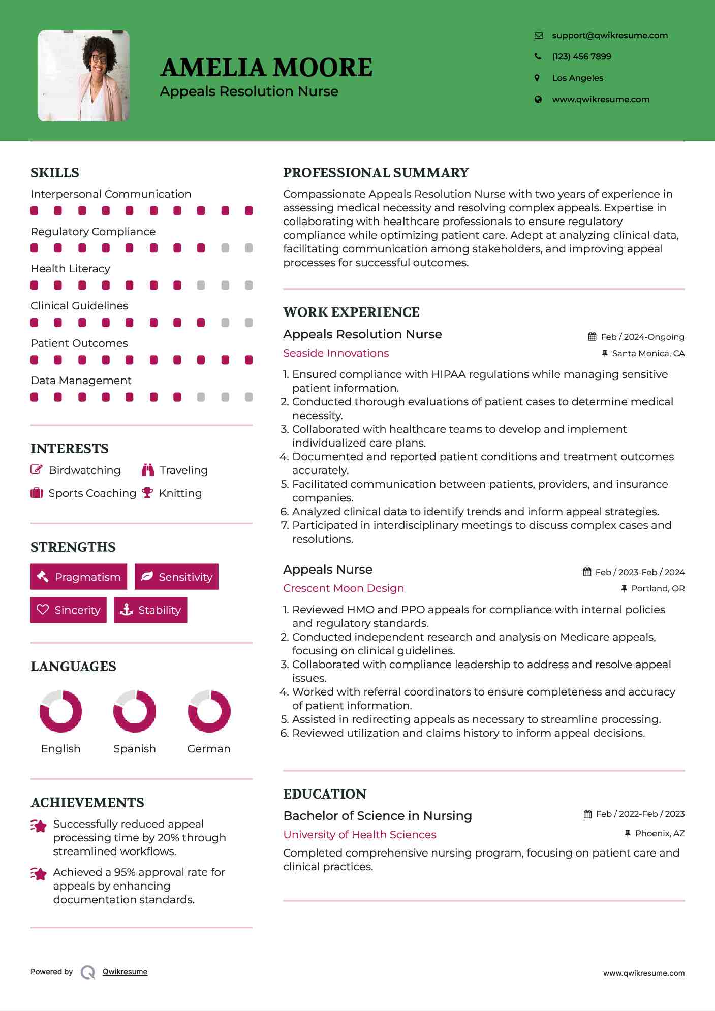 Appeals Resolution Nurse Resume Template