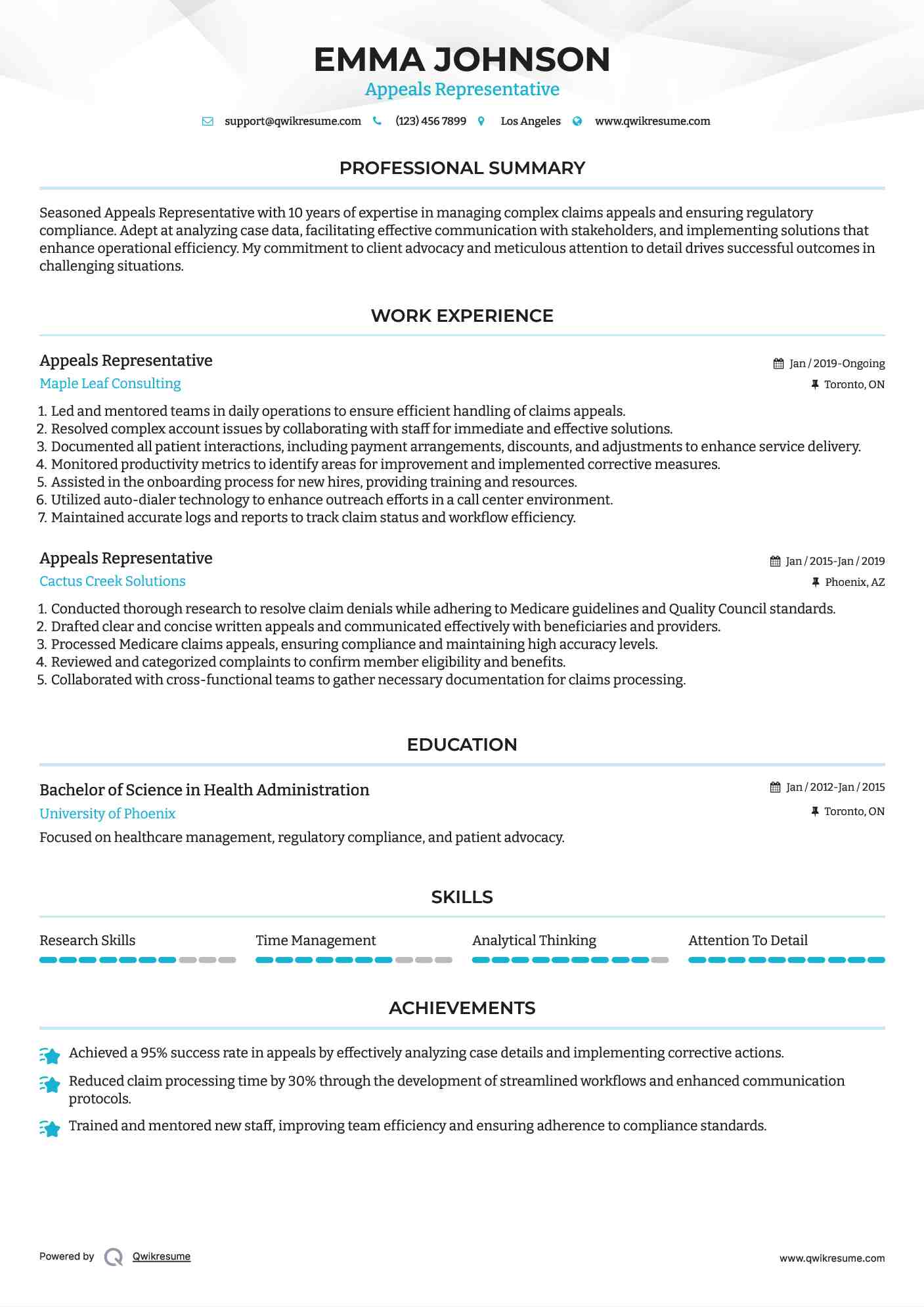 Appeals Representative Resume Model