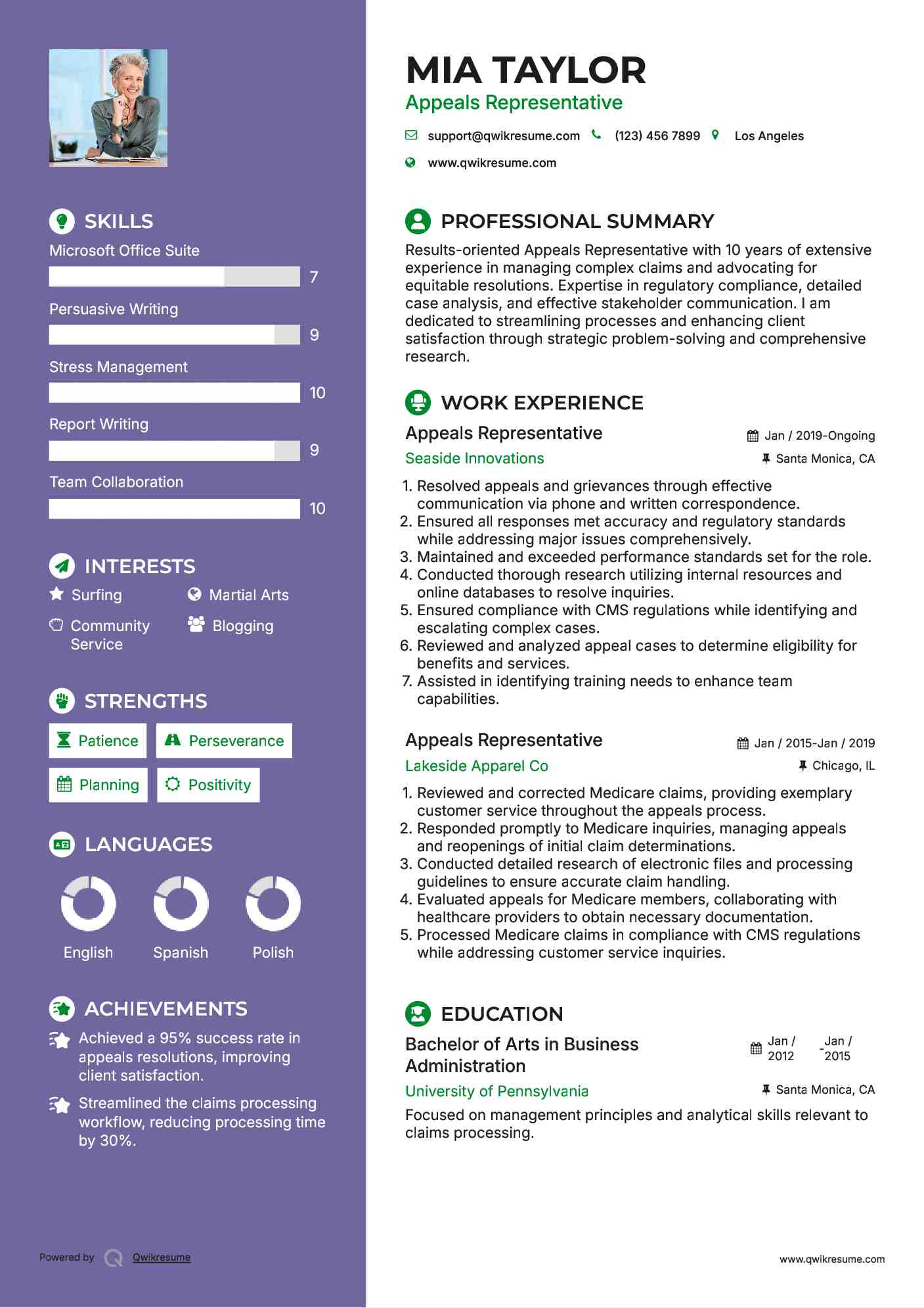 Appeals Representative Resume Example