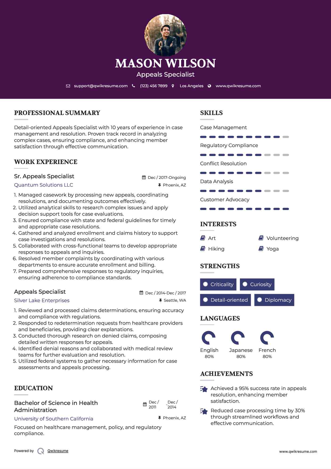 Sr. Appeals Specialist Resume Example