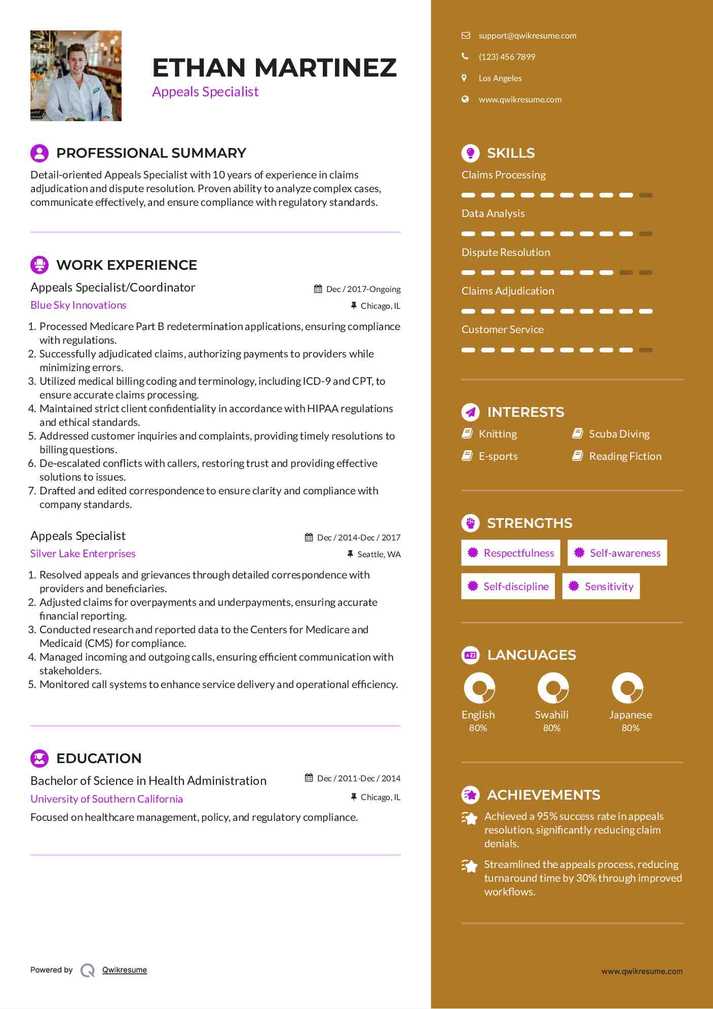 Appeals Specialist/Coordinator Resume Example