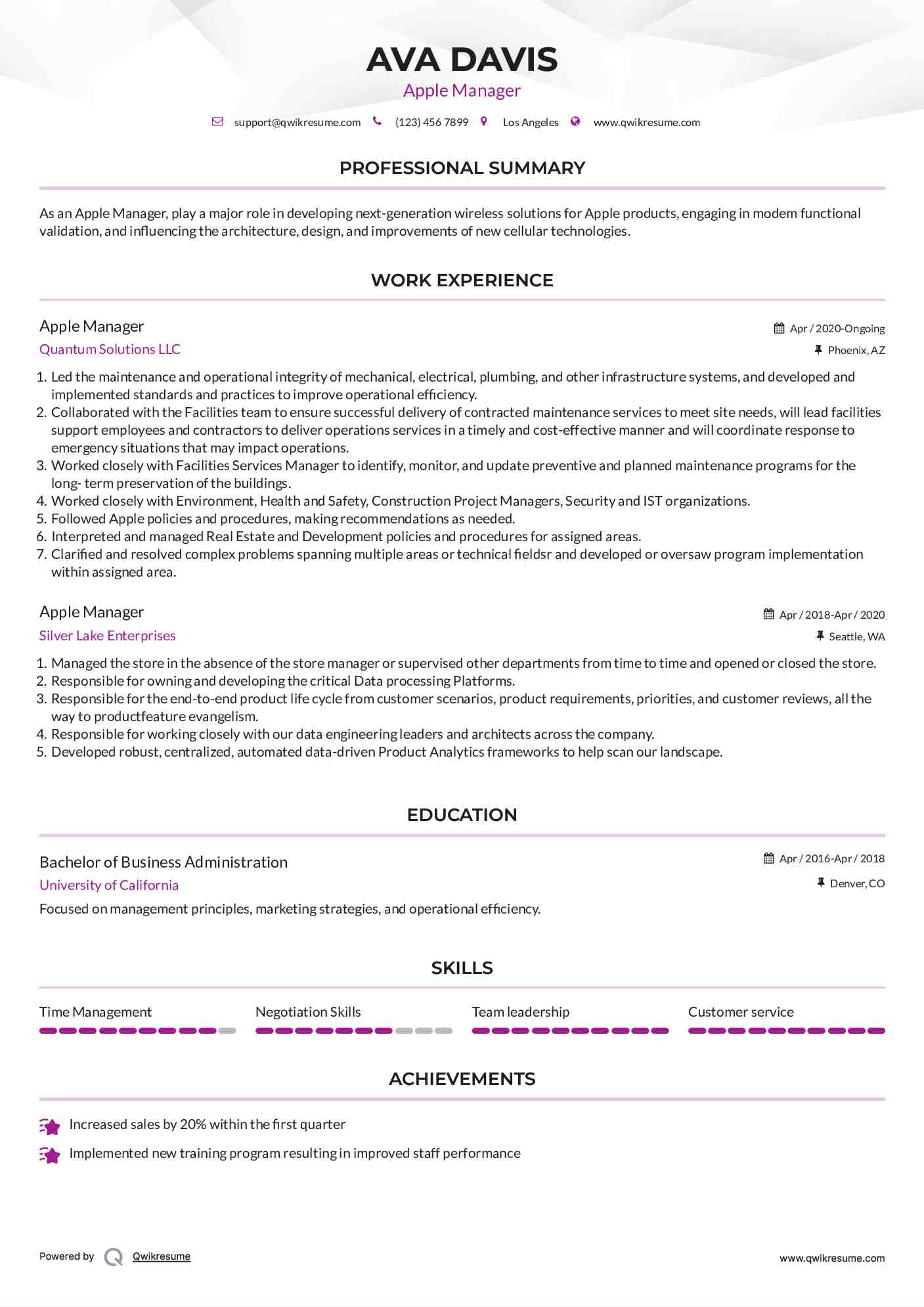 Apple Manager Resume Example