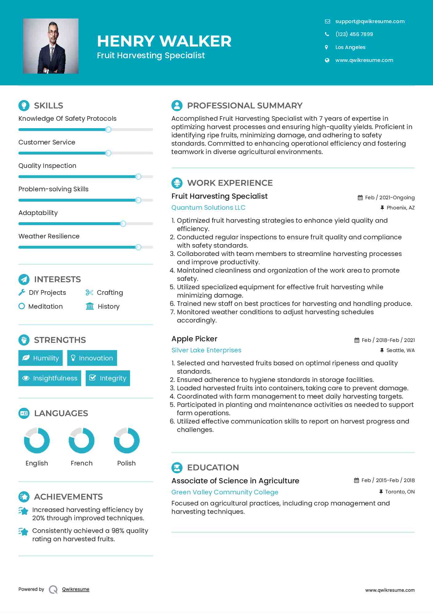 Fruit Harvesting Specialist Resume Sample
