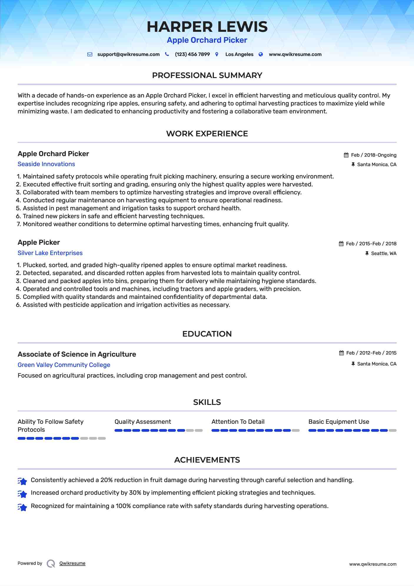 Apple Orchard Picker Resume Model