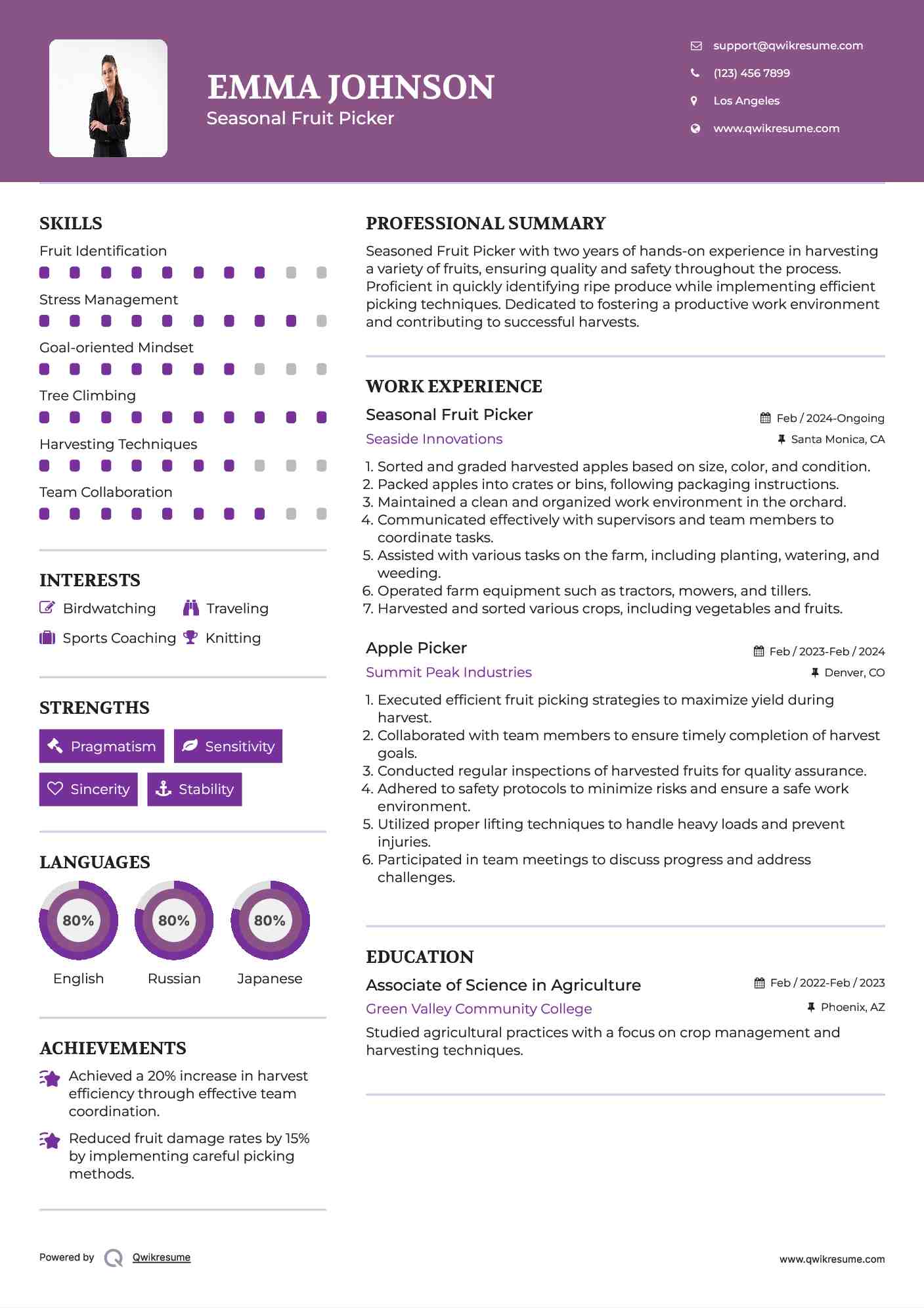 Seasonal Fruit Picker Resume Format