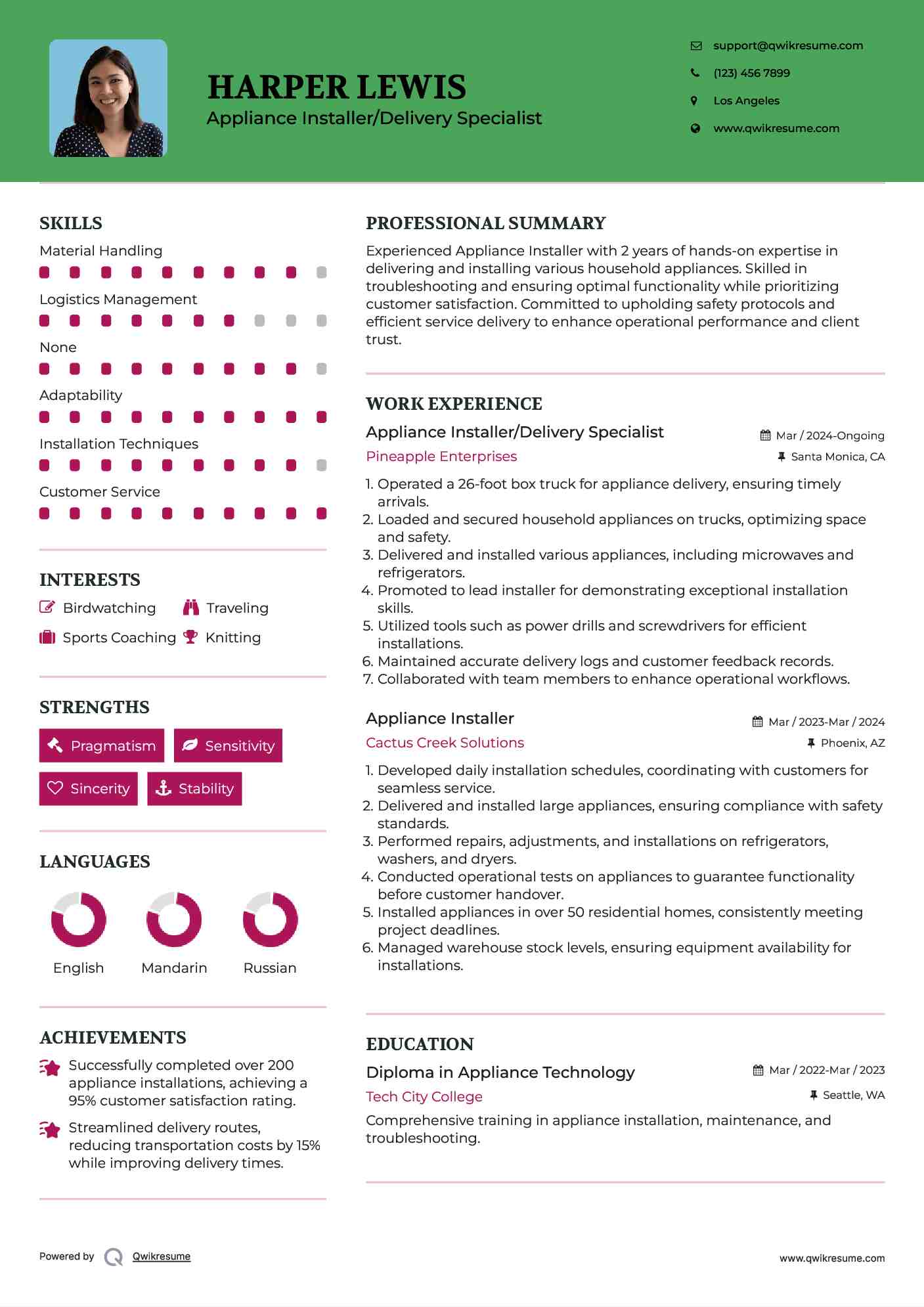Appliance Installer/Delivery Specialist Resume Template