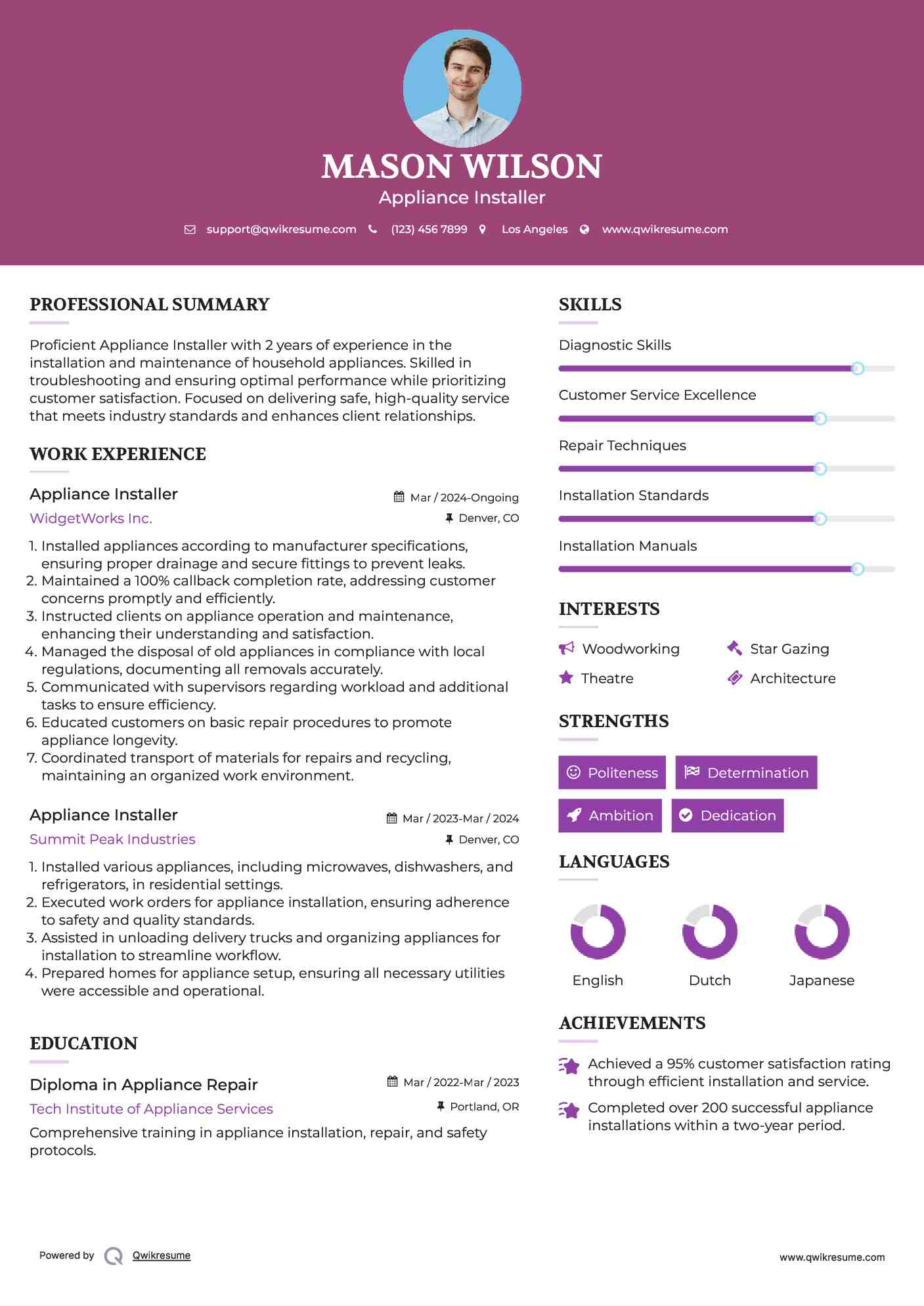 Appliance Installer Resume Sample