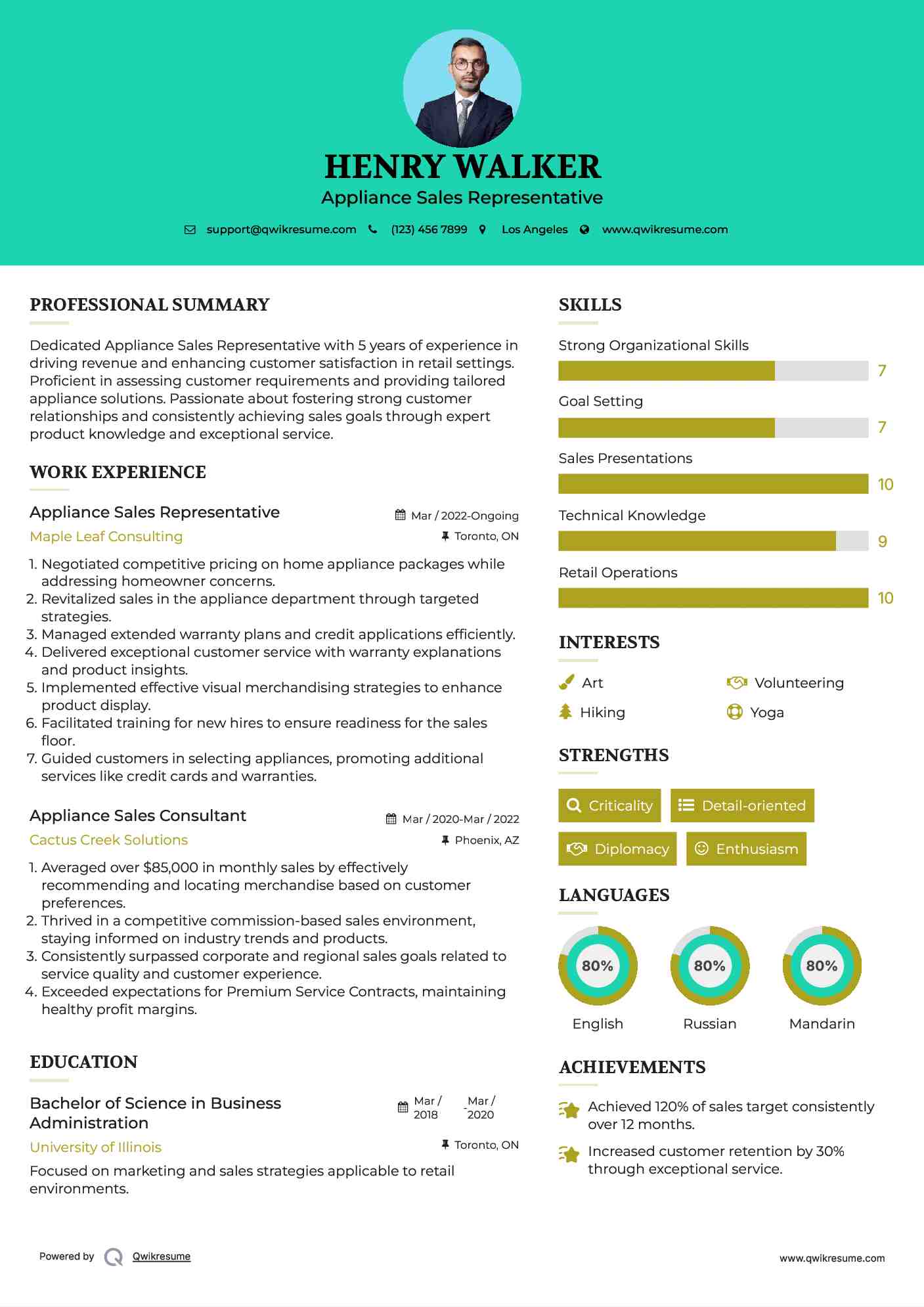Appliance Sales Representative Resume Example