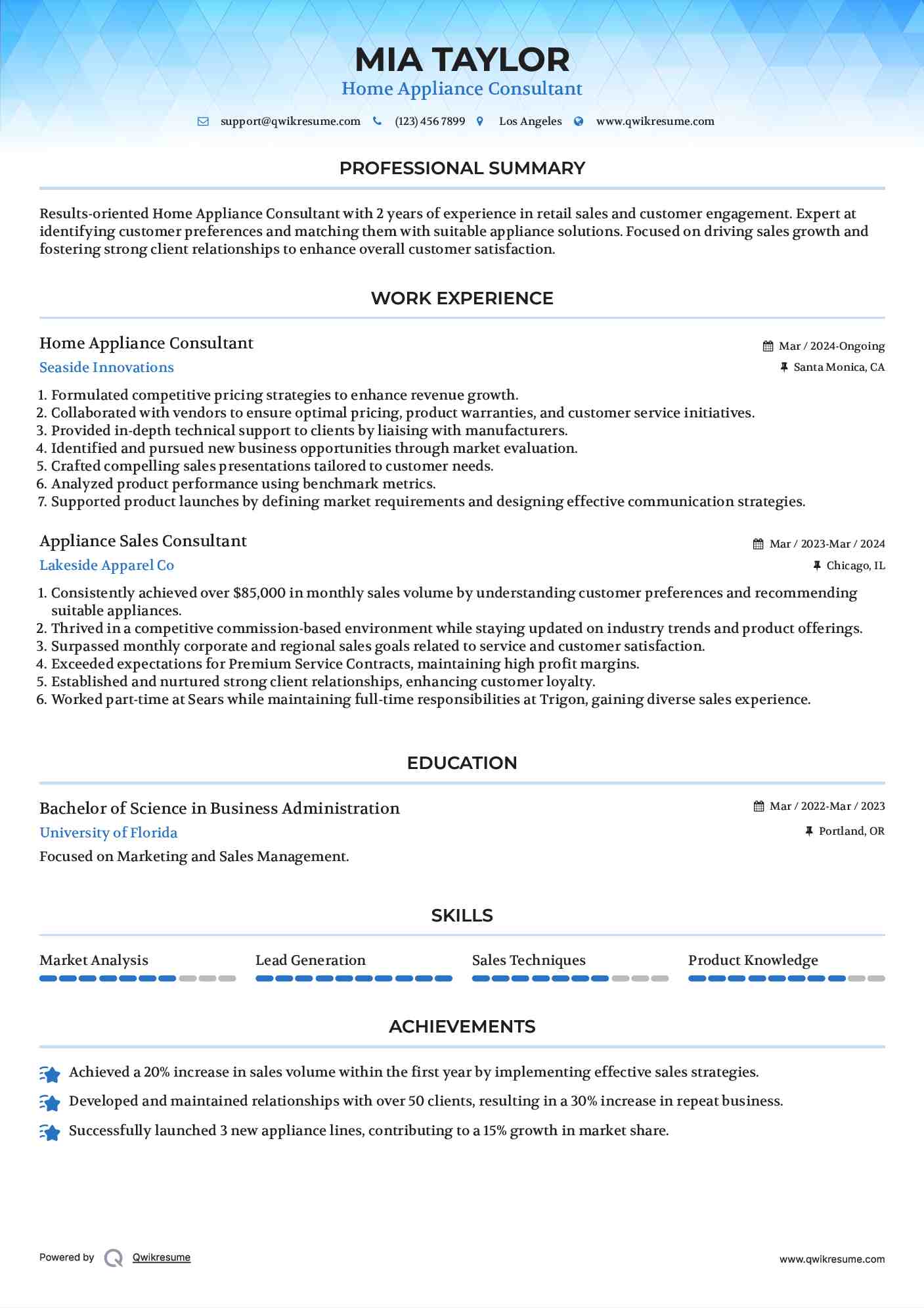 Home Appliance Consultant Resume Format