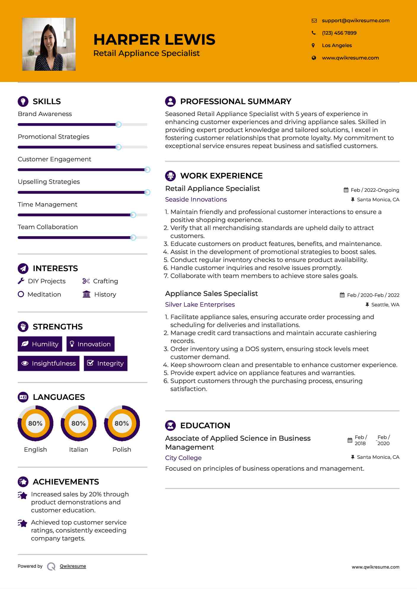 Retail Appliance Specialist Resume Sample