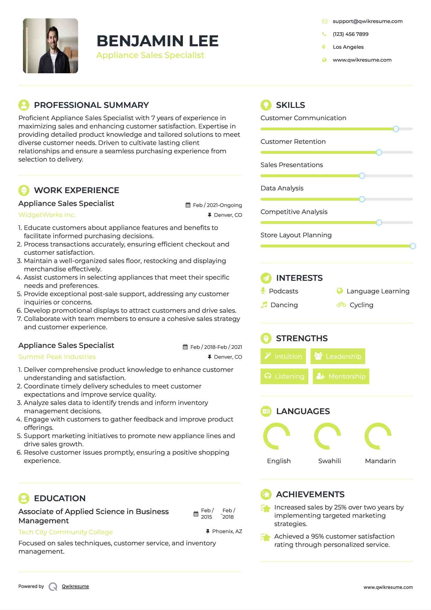 Appliance Sales Specialist Resume Template