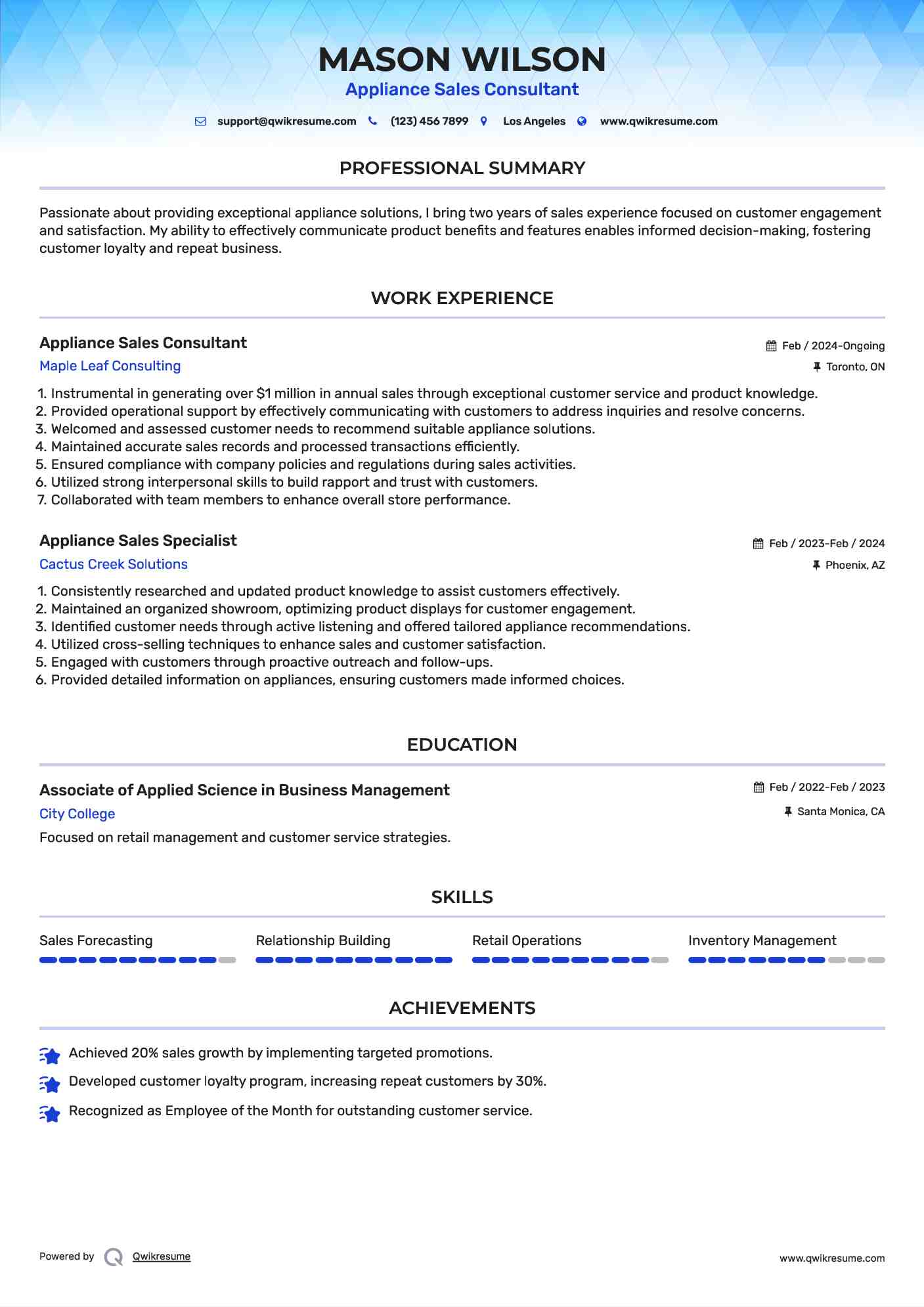 Appliance Sales Consultant Resume Model