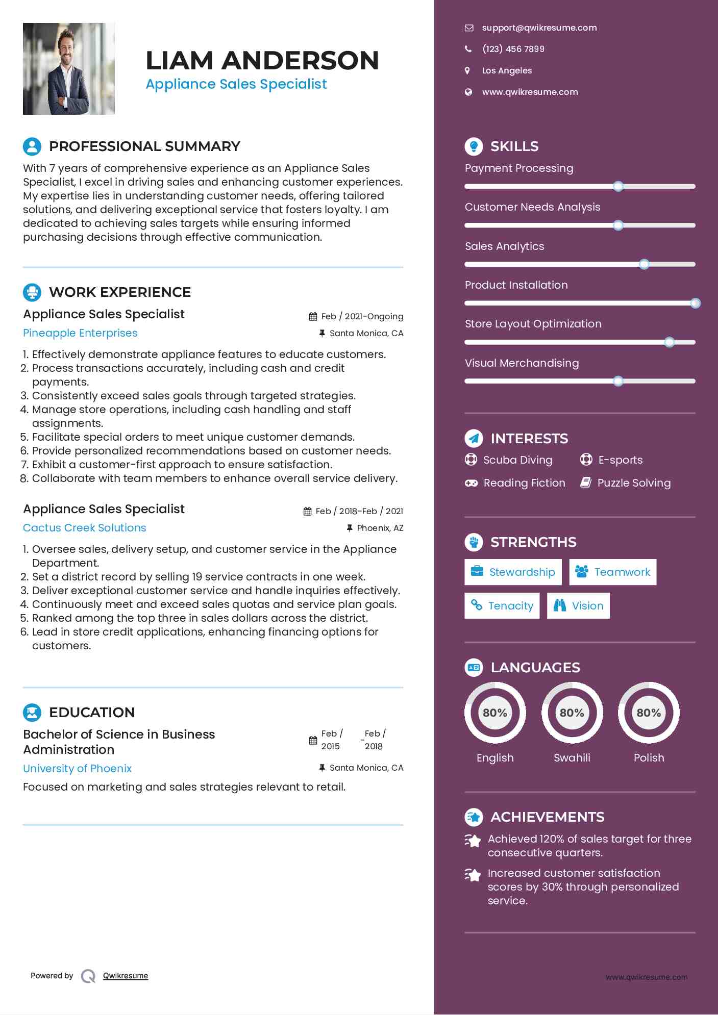 Appliance Sales Specialist Resume Model