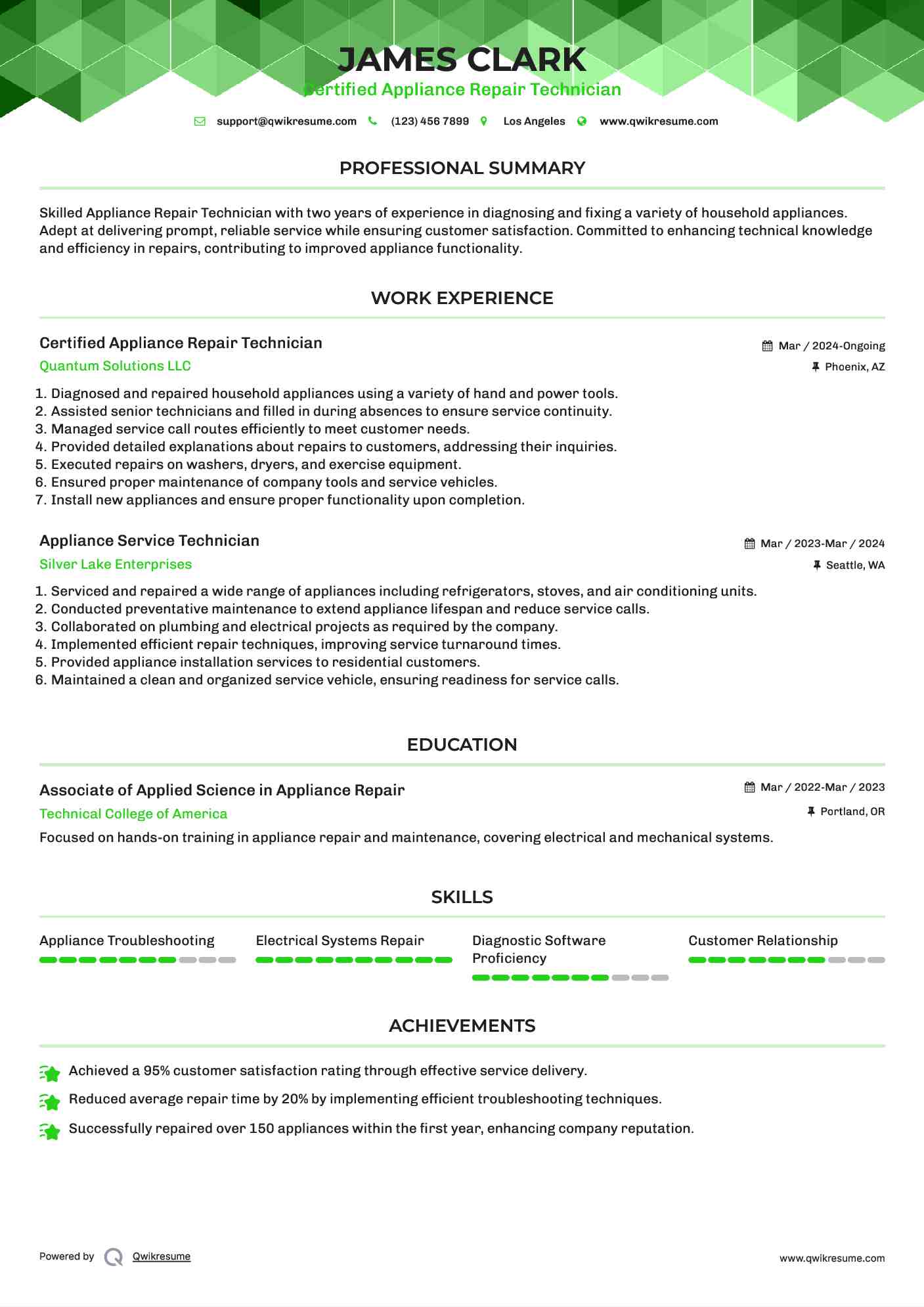 Certified Appliance Repair Technician Resume Example