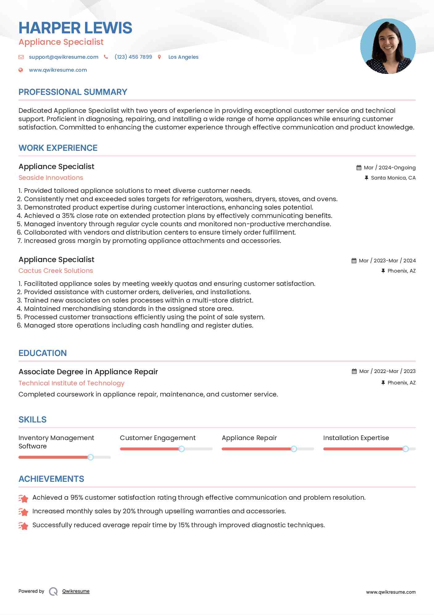Appliance Specialist Resume Format