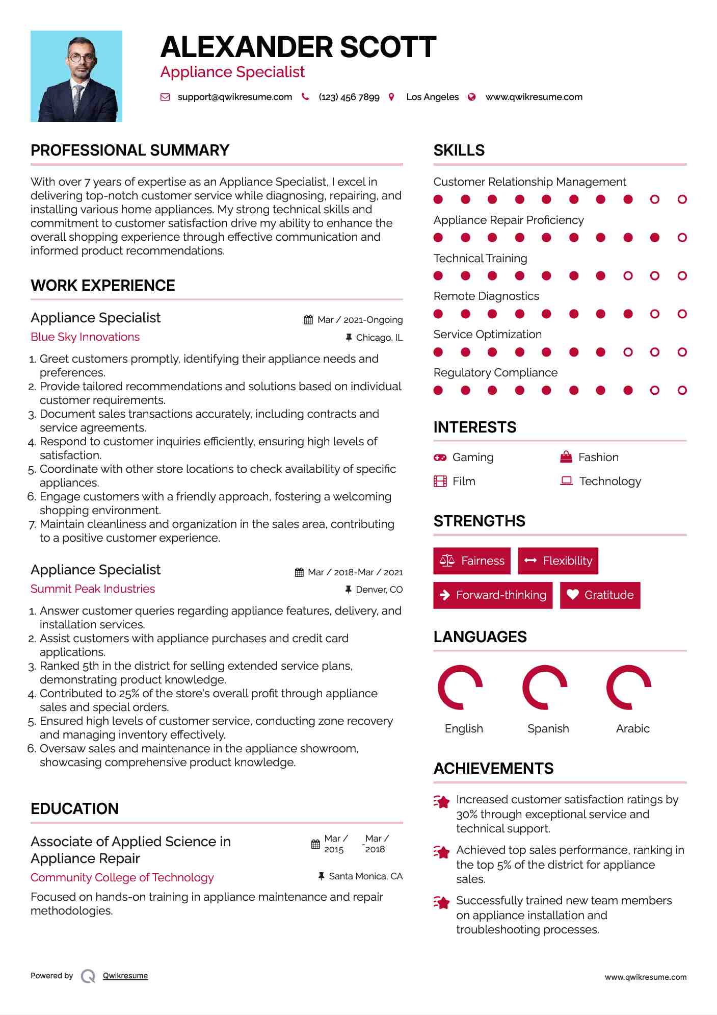 Appliance Specialist Resume Sample