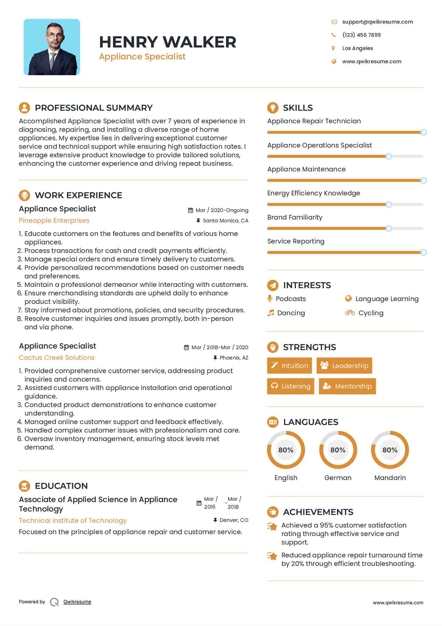 Appliance Specialist Resume Template