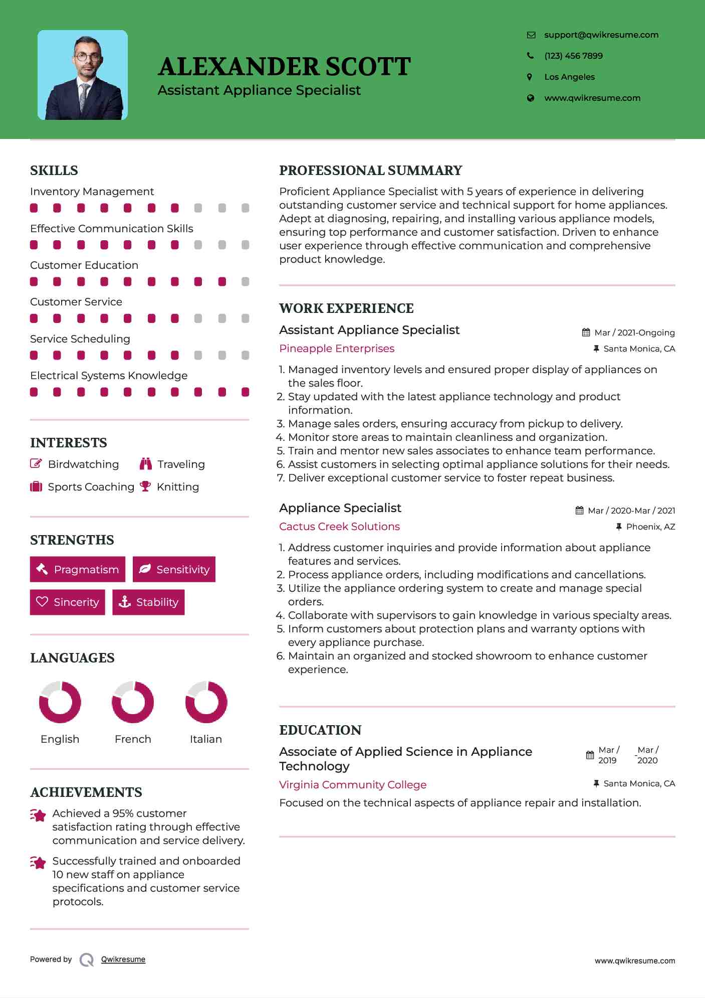 Assistant Appliance Specialist  Resume Model