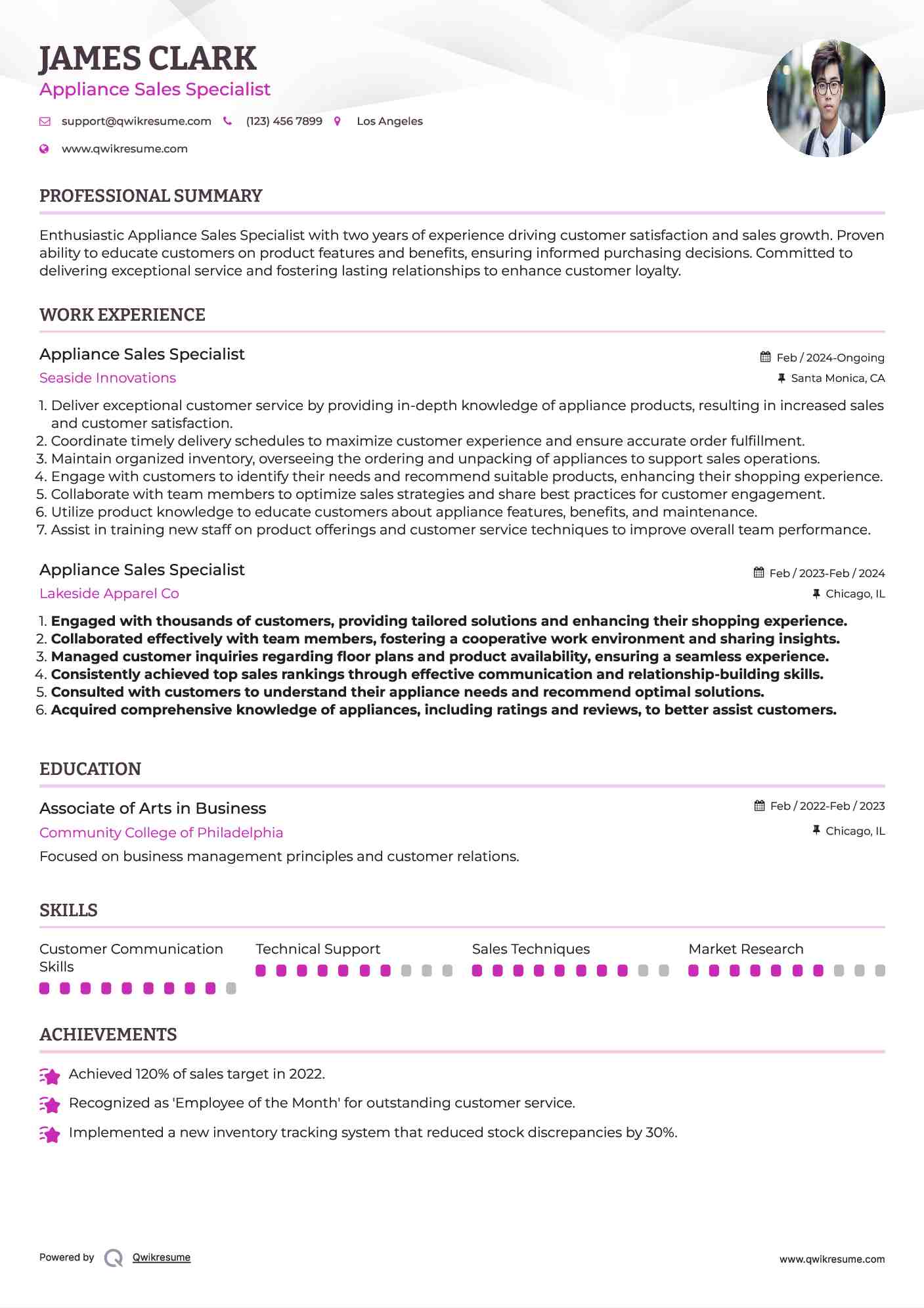 Appliance Sales Specialist Resume Example