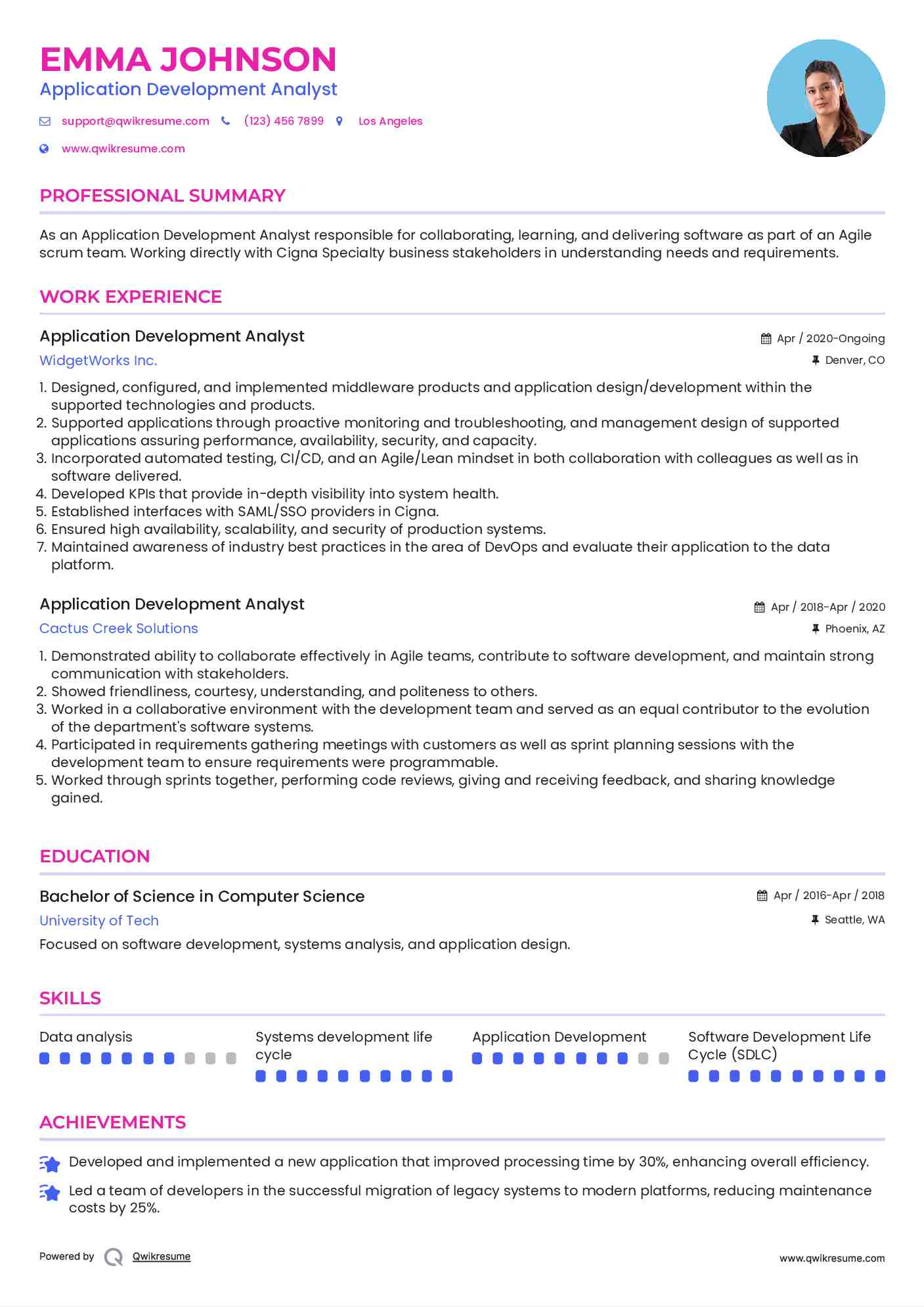 Application Development Analyst Resume Example