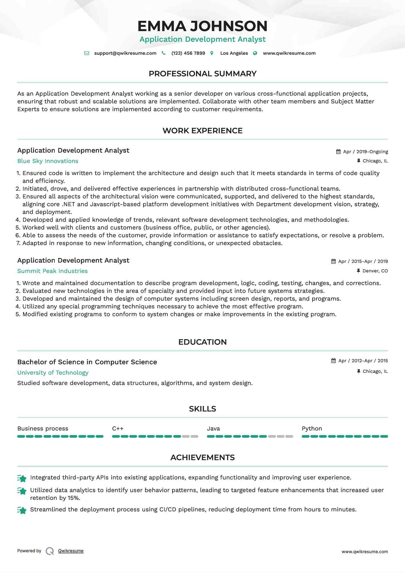 Application Development Analyst Resume Example