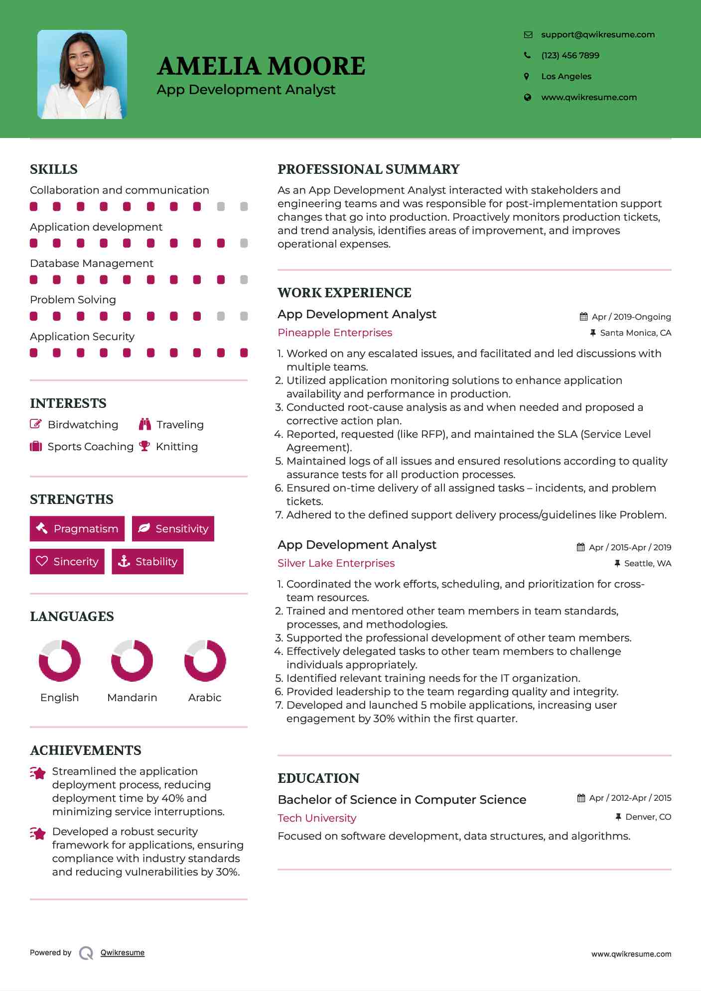 App Development Analyst Resume Example