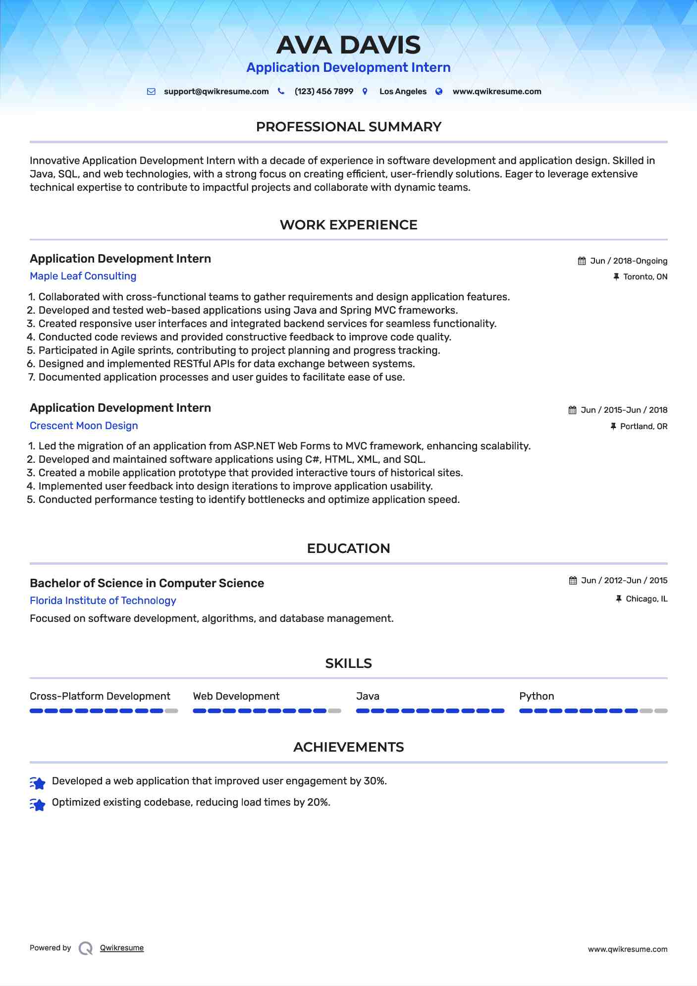 Application Development Intern Resume Template