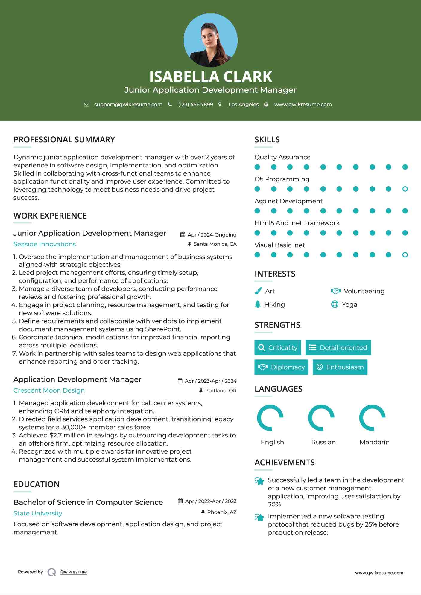 Junior Application Development Manager Resume Sample