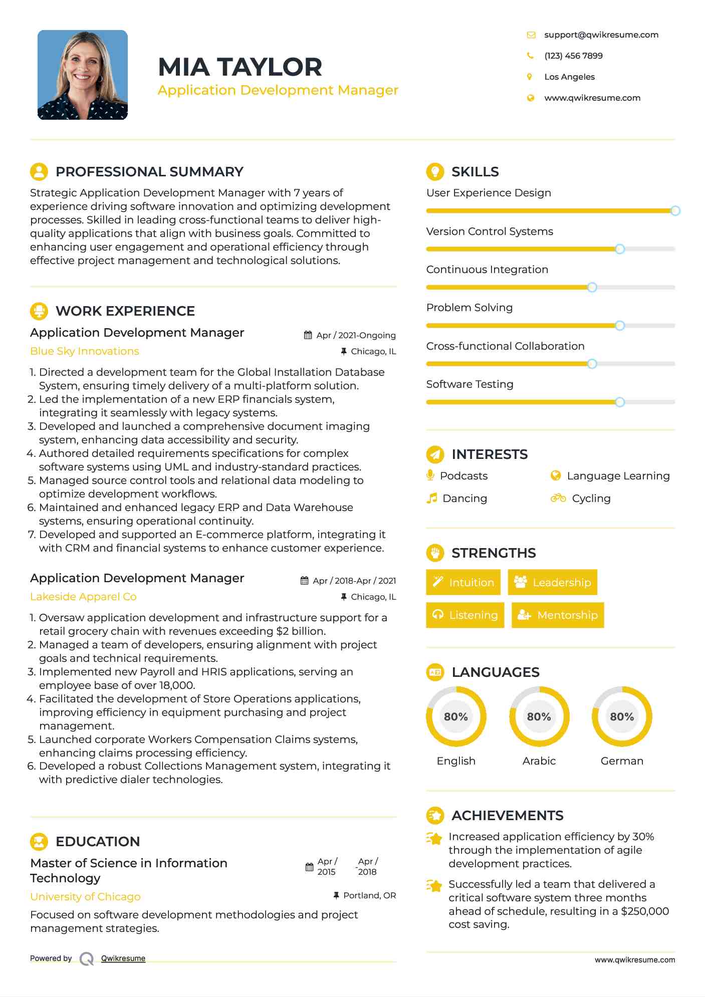 Application Development Manager Resume Format