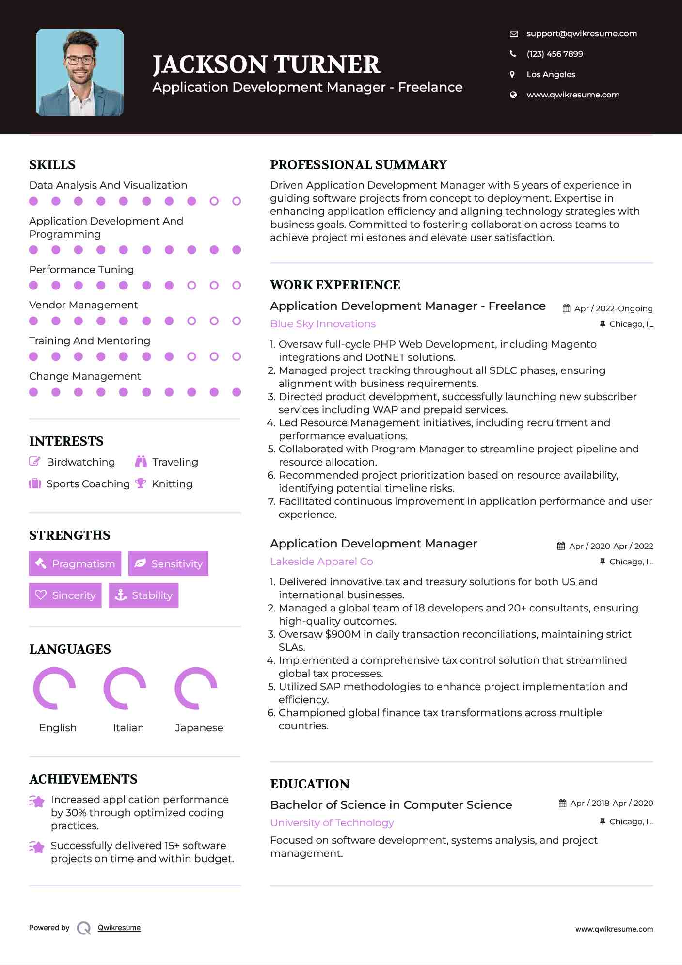 Application Development Manager - Freelance Resume Sample
