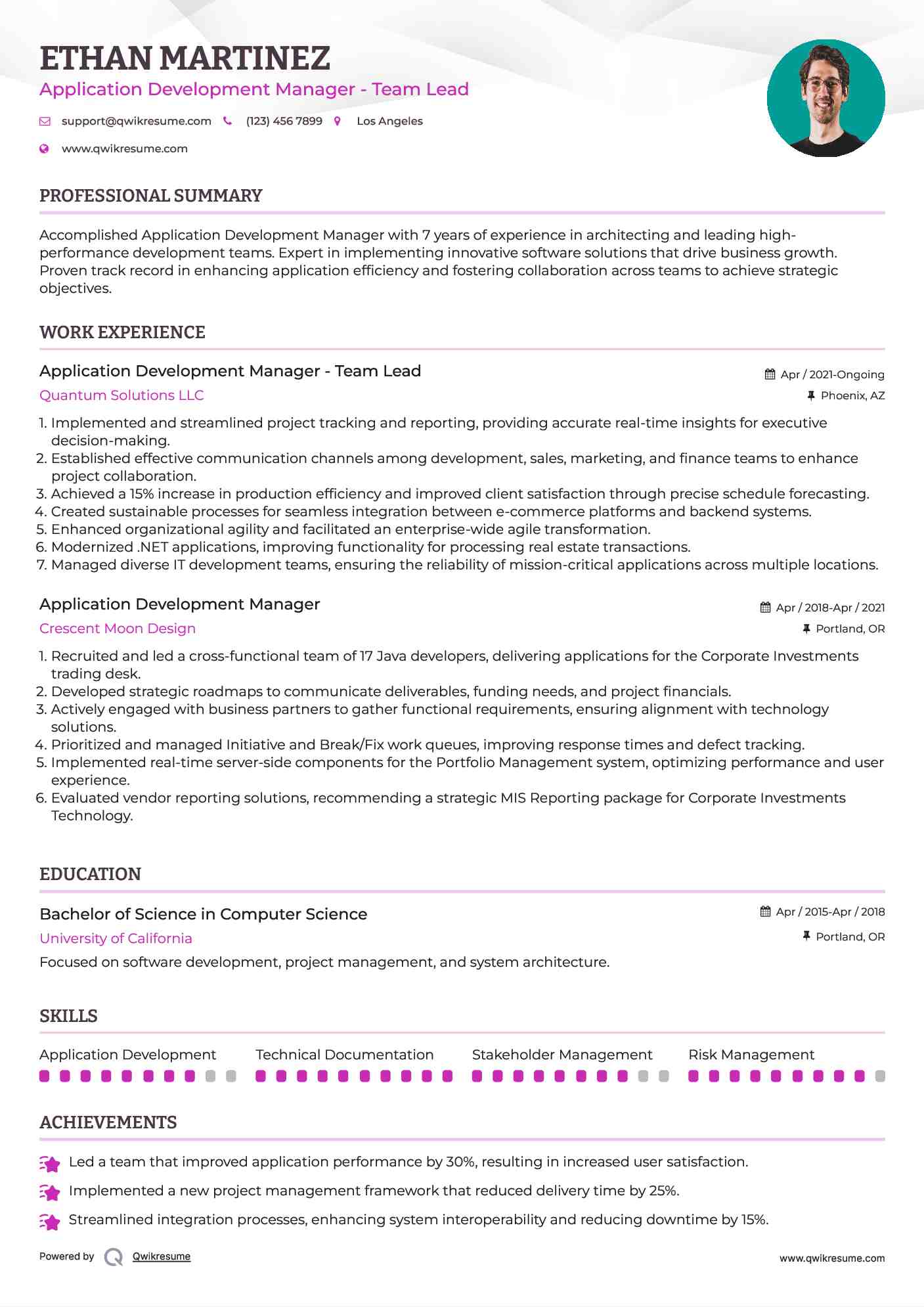 Application Development Manager - Team Lead Resume Model