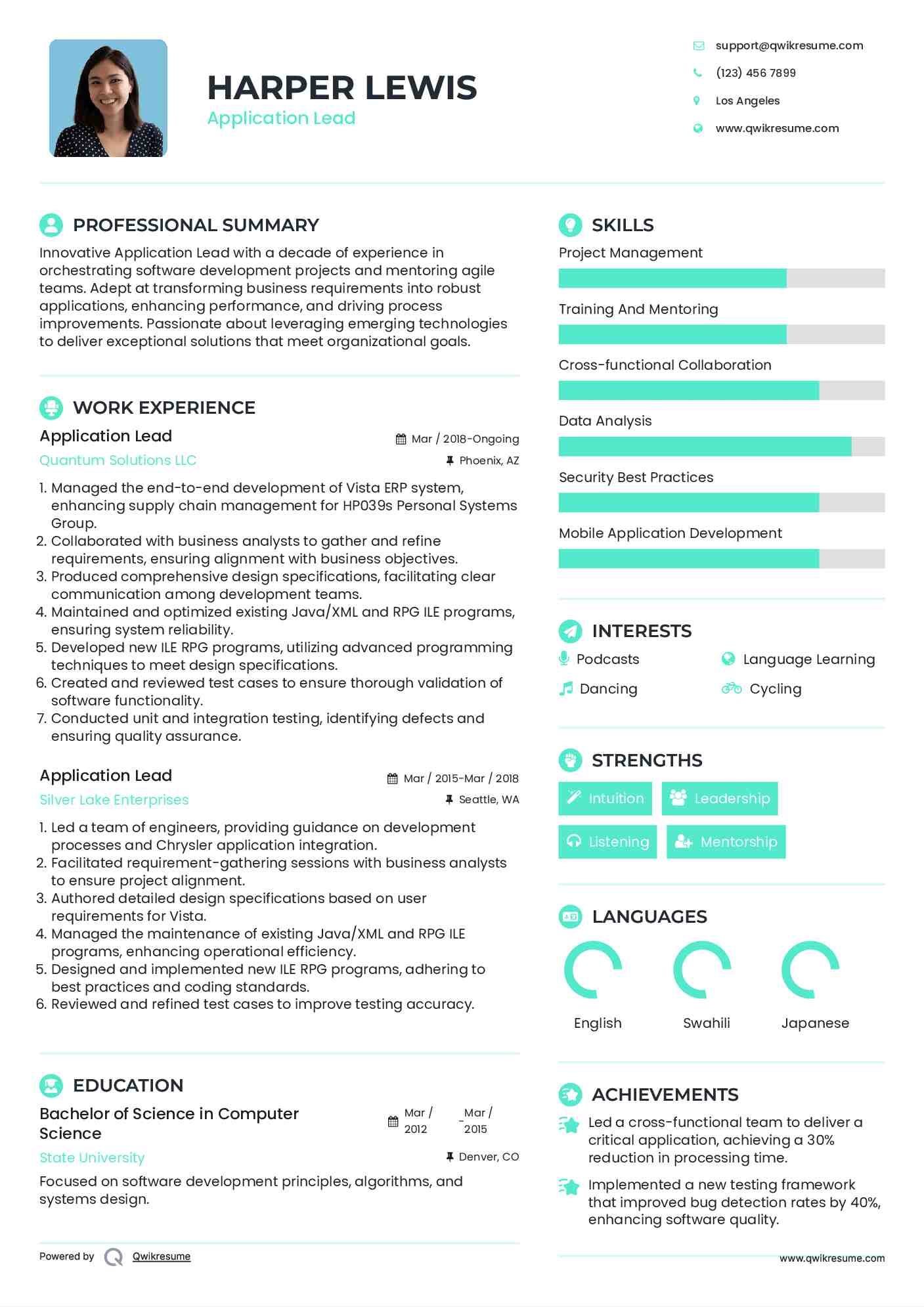 Application Lead Resume Sample
