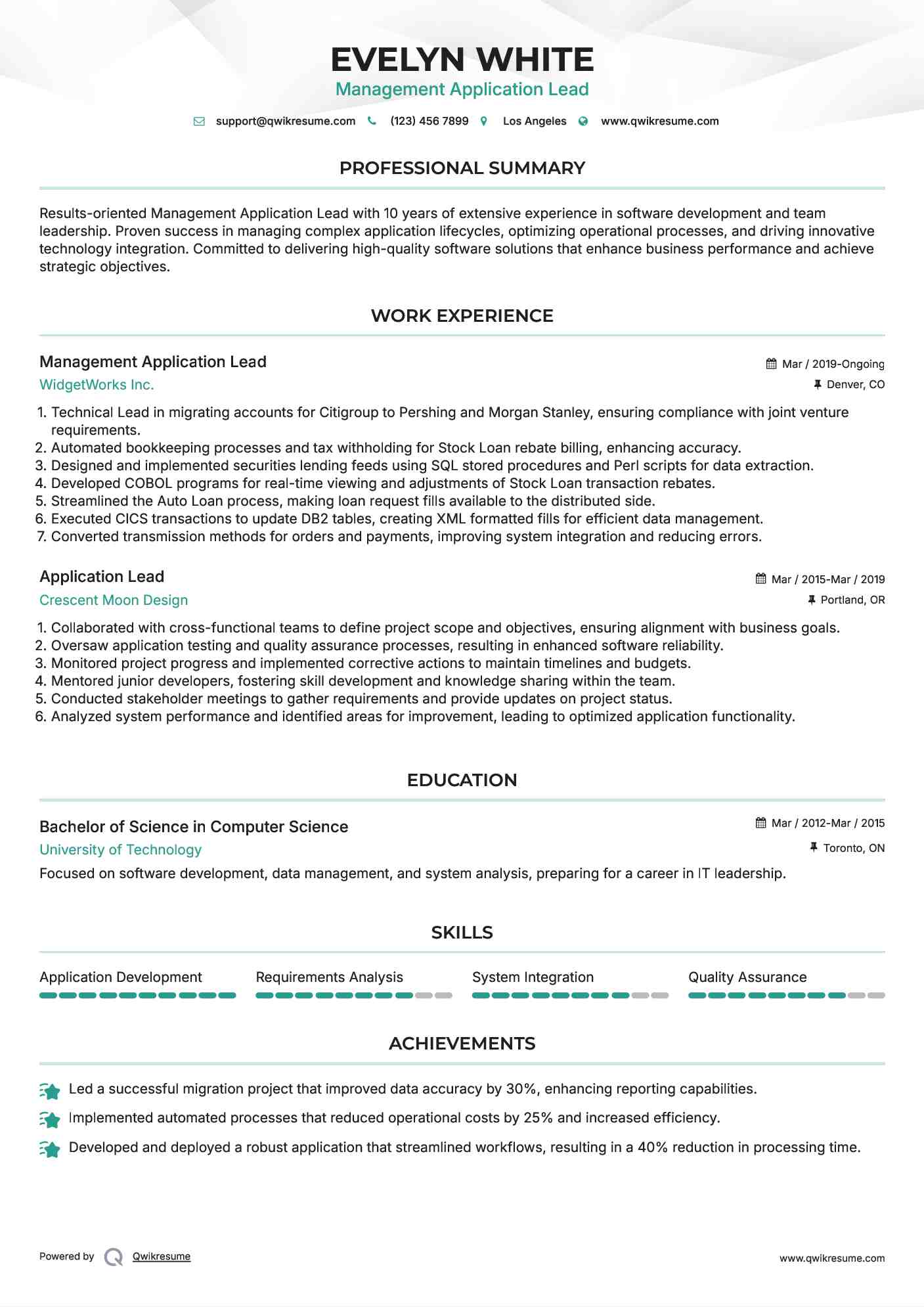 Management Application Lead Resume Template