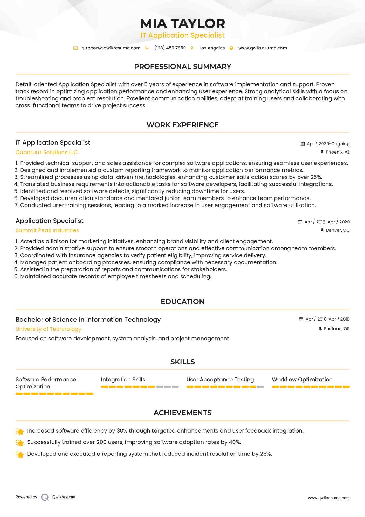 IT Application Specialist Resume Sample