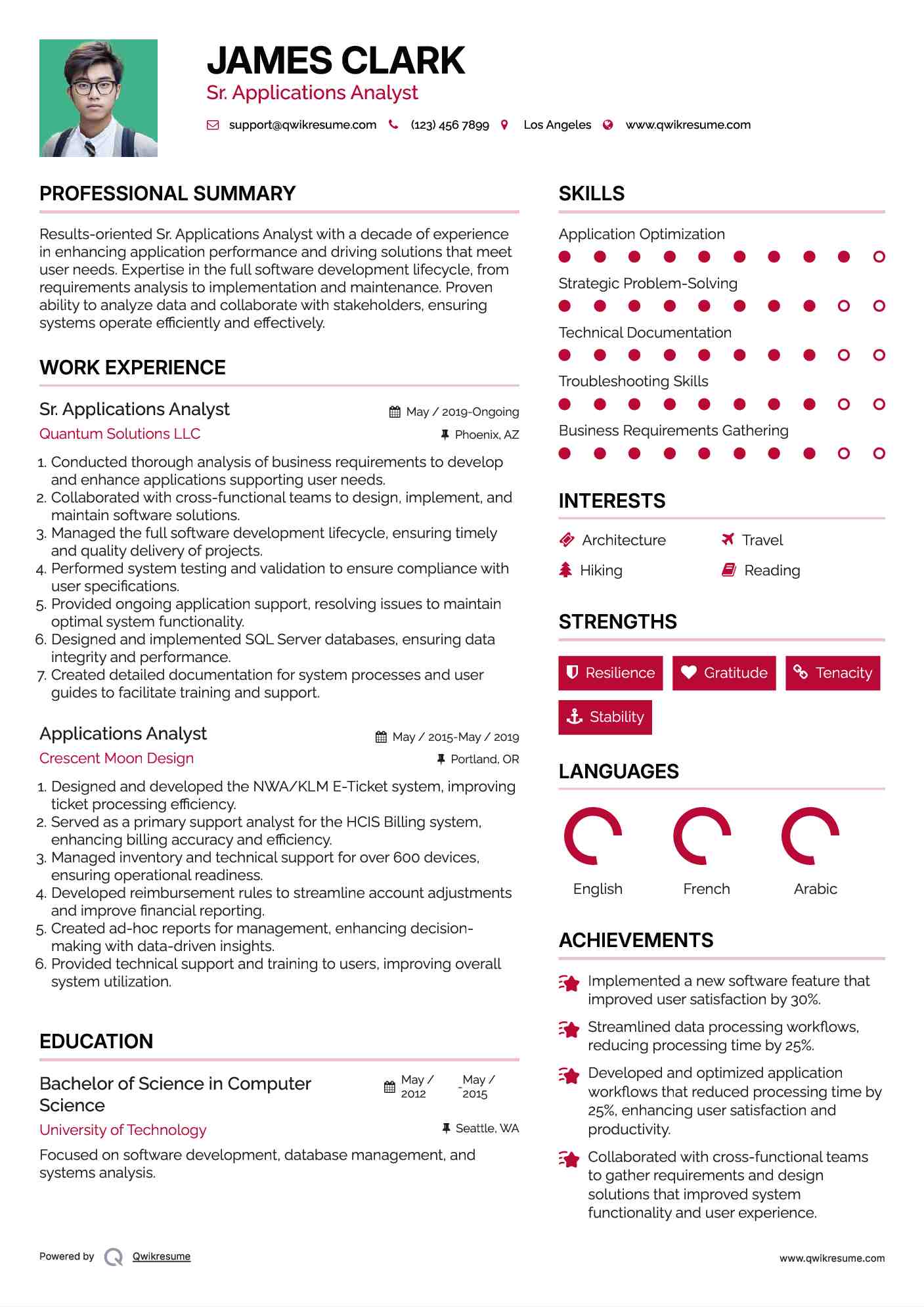 Sr. Applications Analyst Resume Example