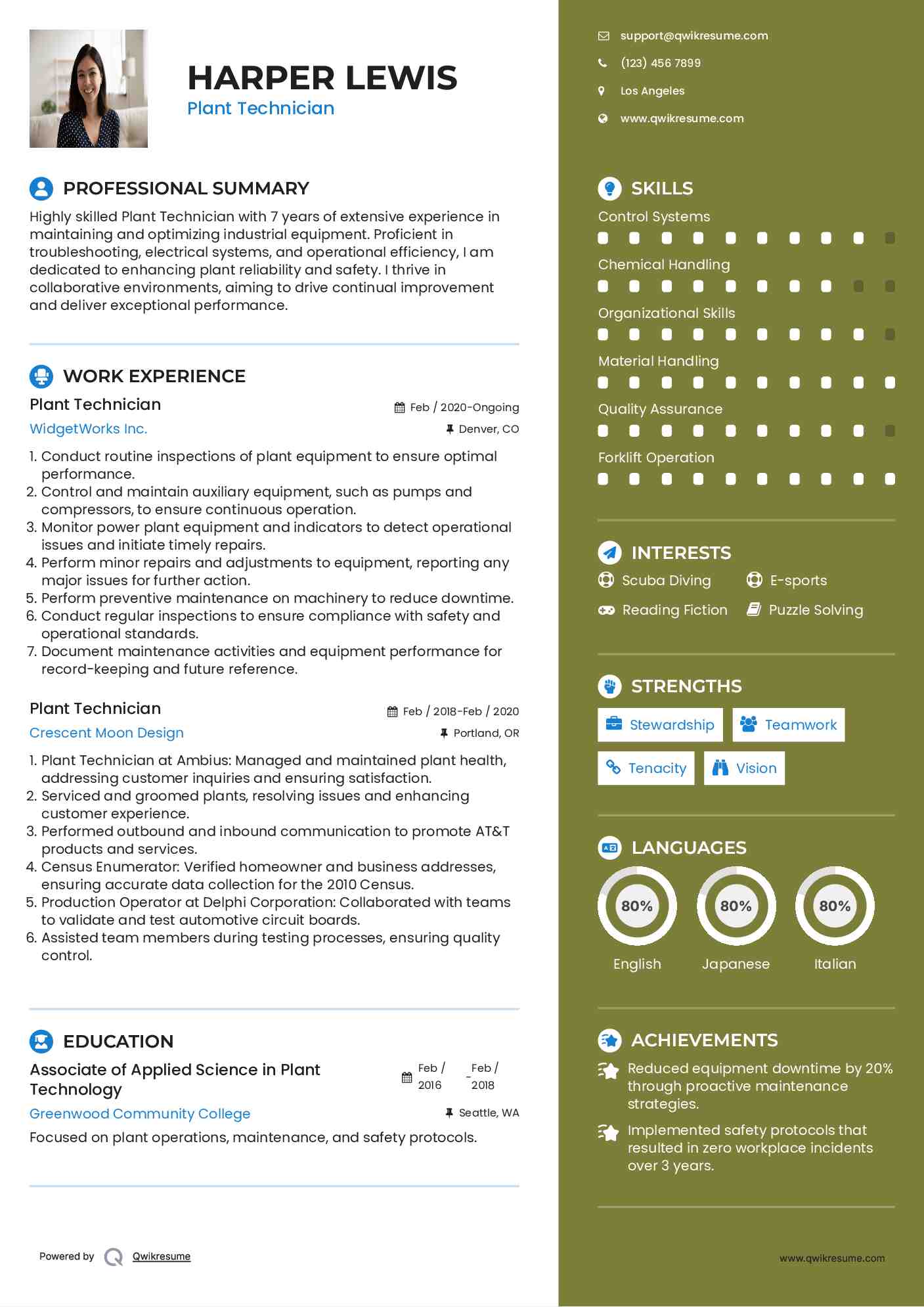Plant Technician Resume Sample