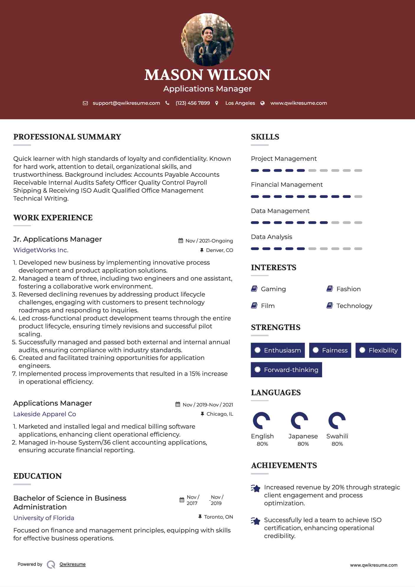 Jr. Applications Manager Resume Model