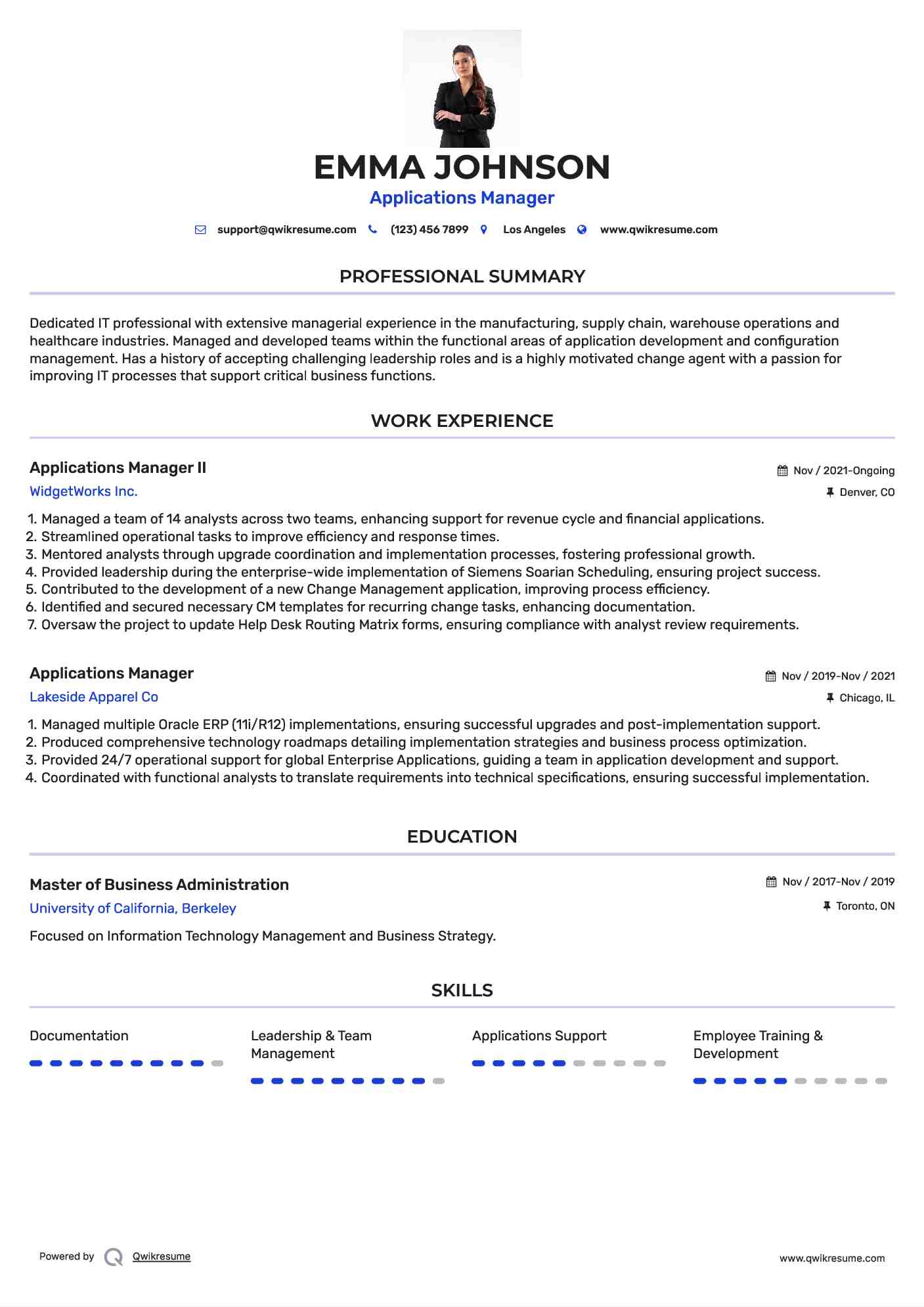 Applications Manager II Resume Model