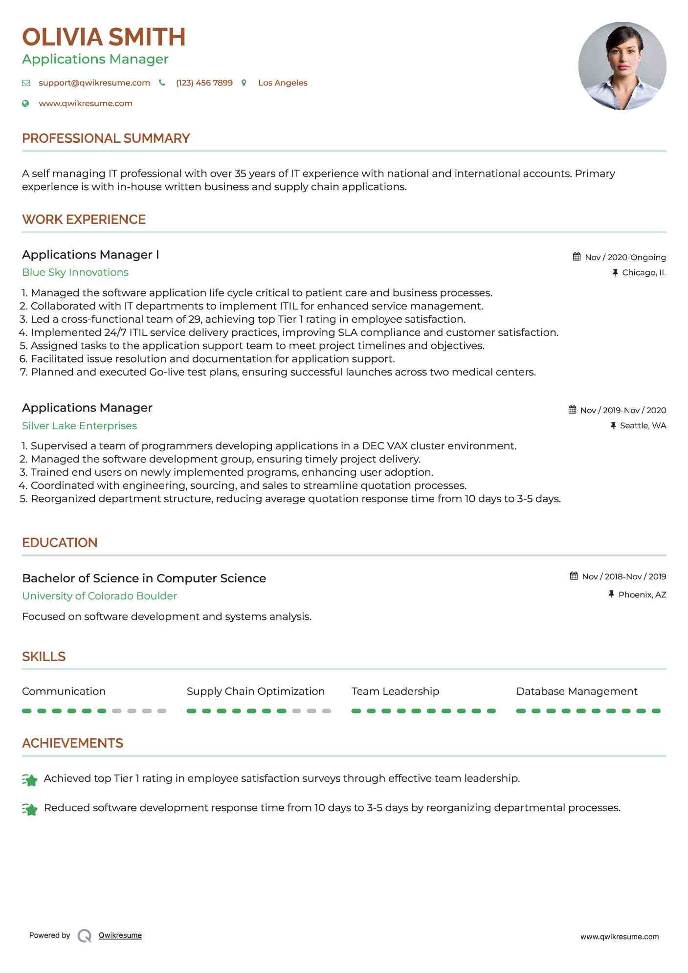 Applications Manager I Resume Model