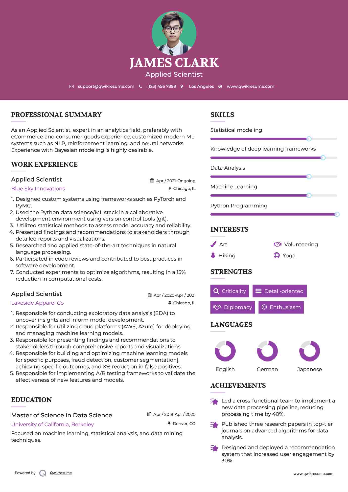 Applied Scientist Resume Sample
