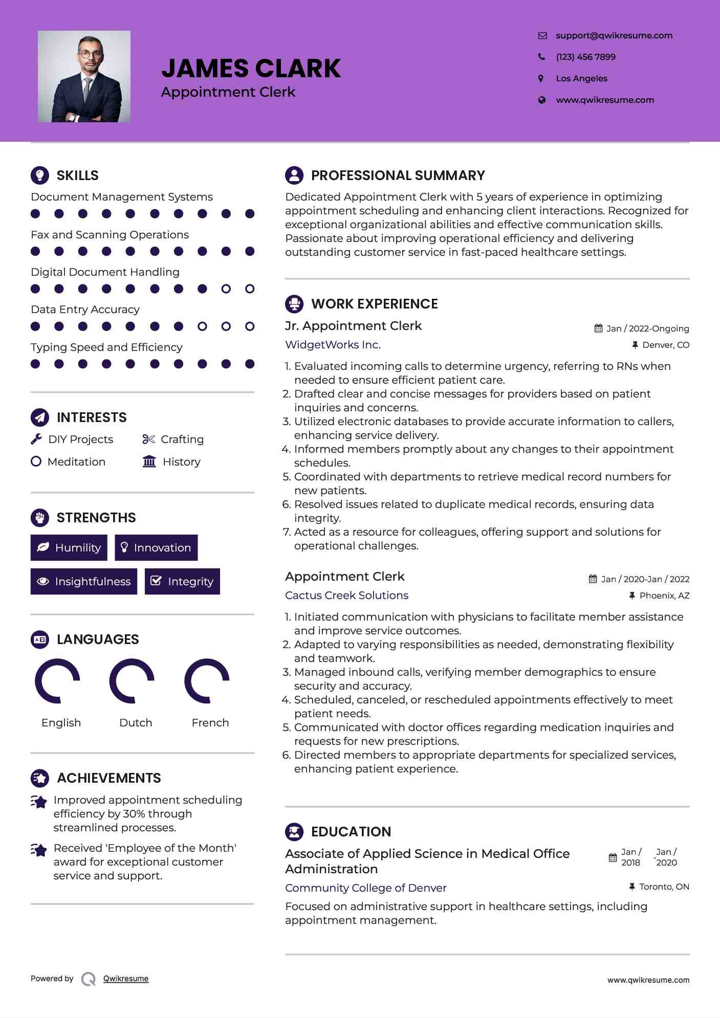 Jr. Appointment Clerk Resume Model