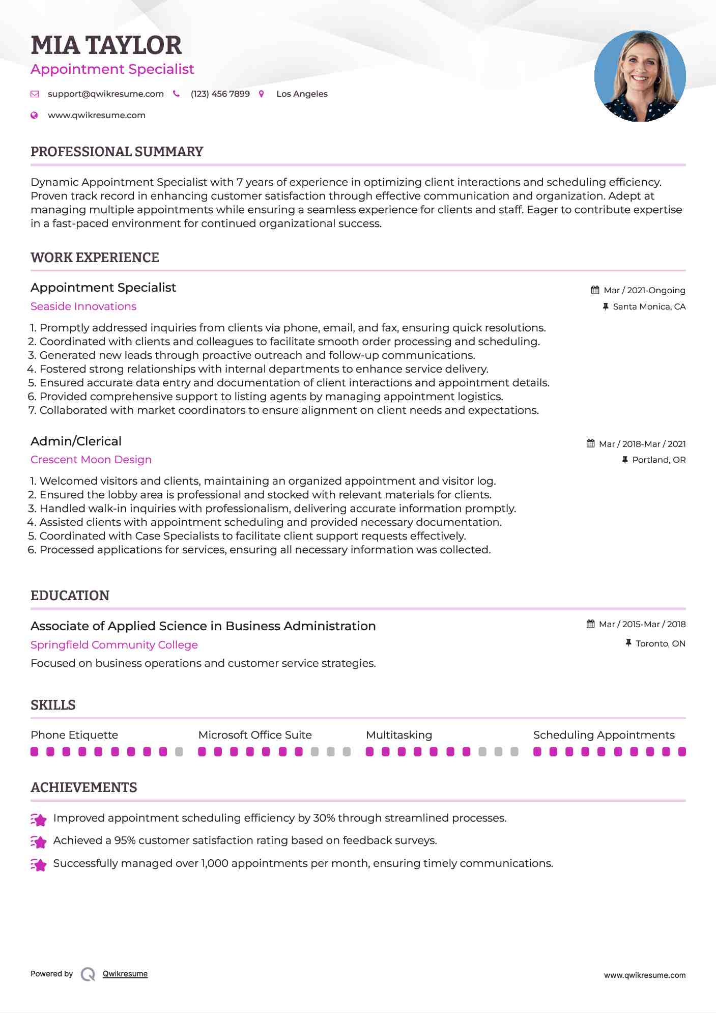 Appointment Specialist Resume Format