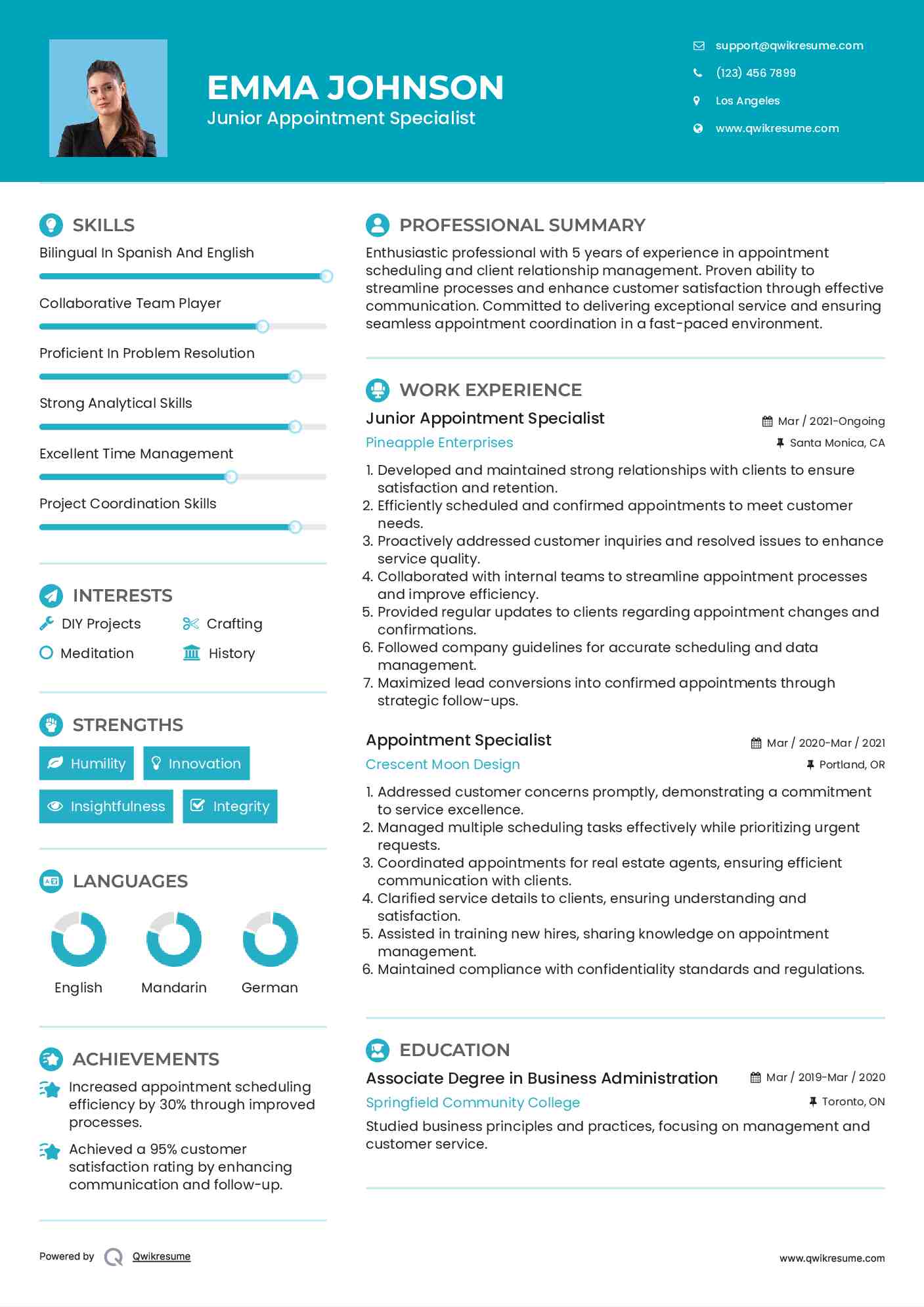 Junior Appointment Specialist Resume Example
