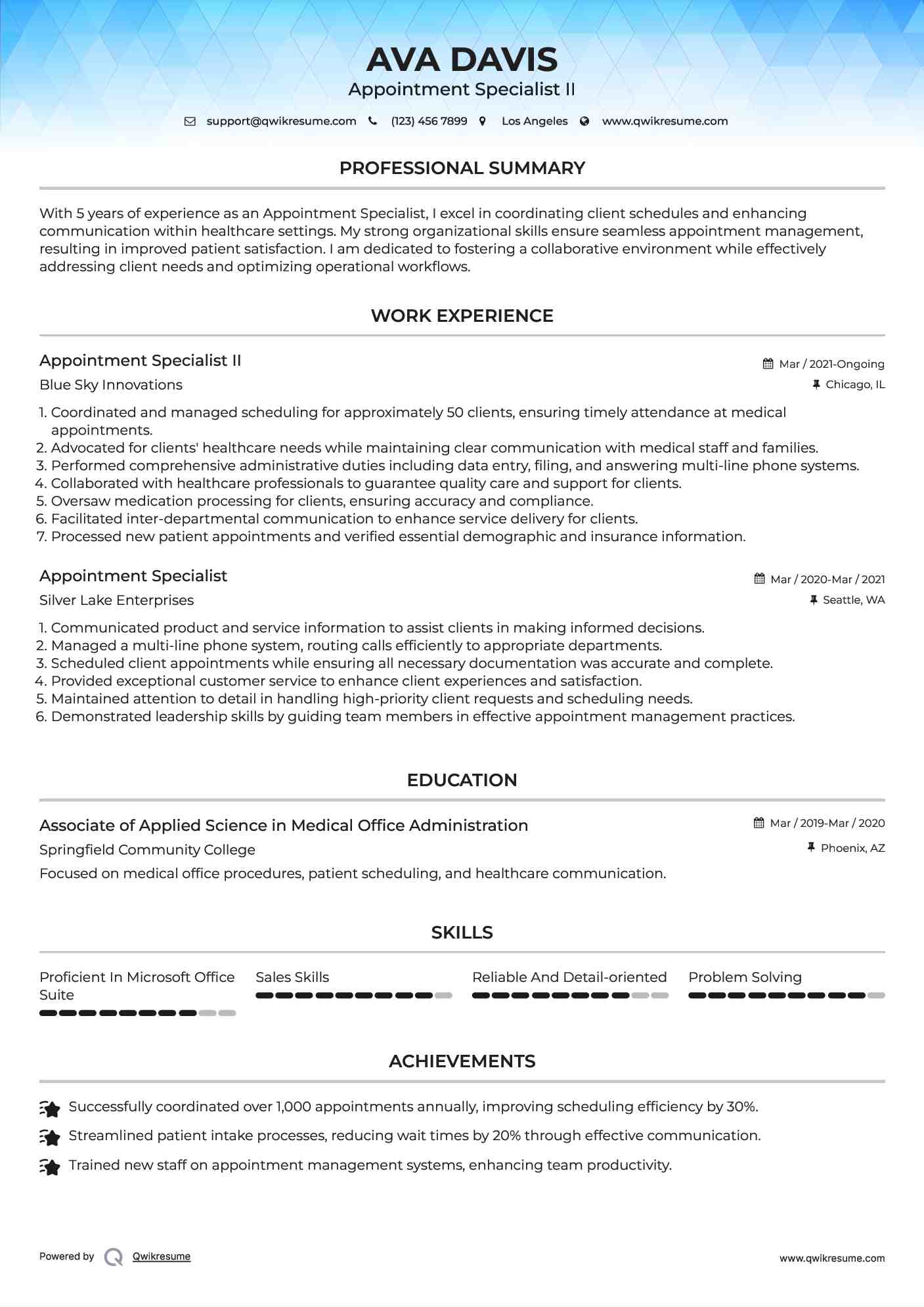 Appointment Specialist II Resume Example